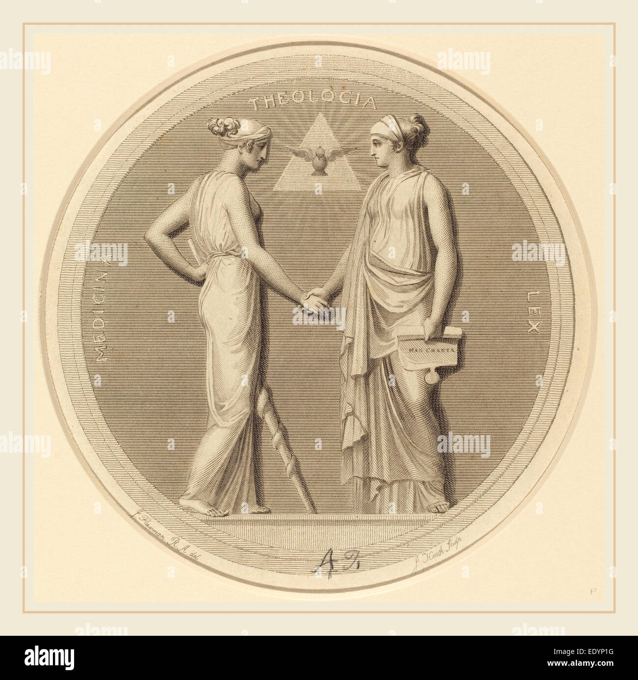 James Heath nach John Flaxman, Brite/Britin (1757-1834), Medicina-Theologia-Lex, Radierung Stockfoto