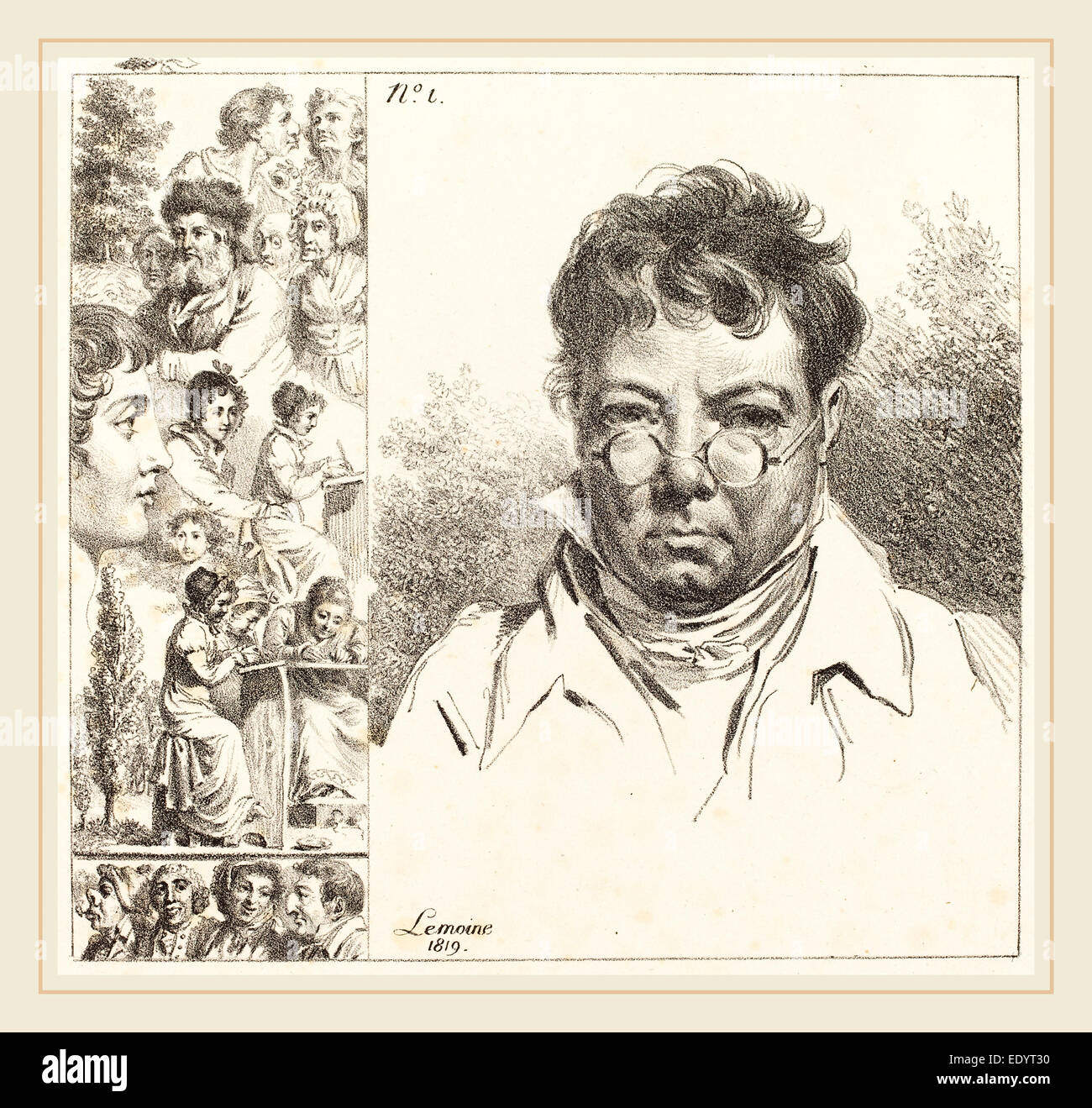 Jacques Antoine Marie Lemoine, Französisch (1751-1824), Selbstporträt und andere Köpfe, Lithographie 1819, Stockfoto