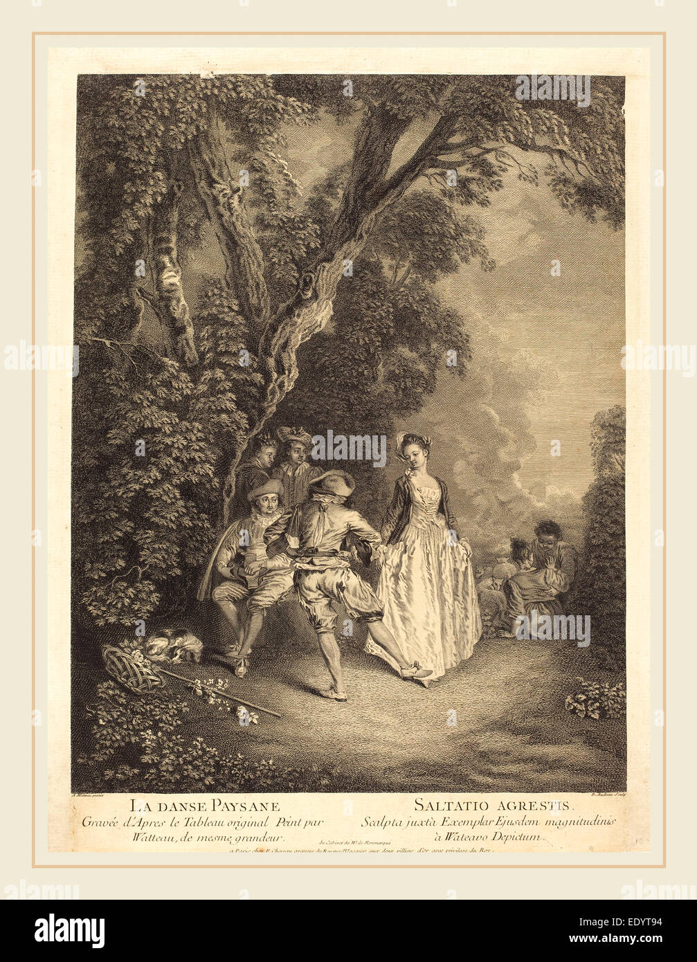 Benoît Audran II nach der Bauerntanz, Kupferstich und Radierung, Antoine Watteau, Französisch (1698-1772) Stockfoto
