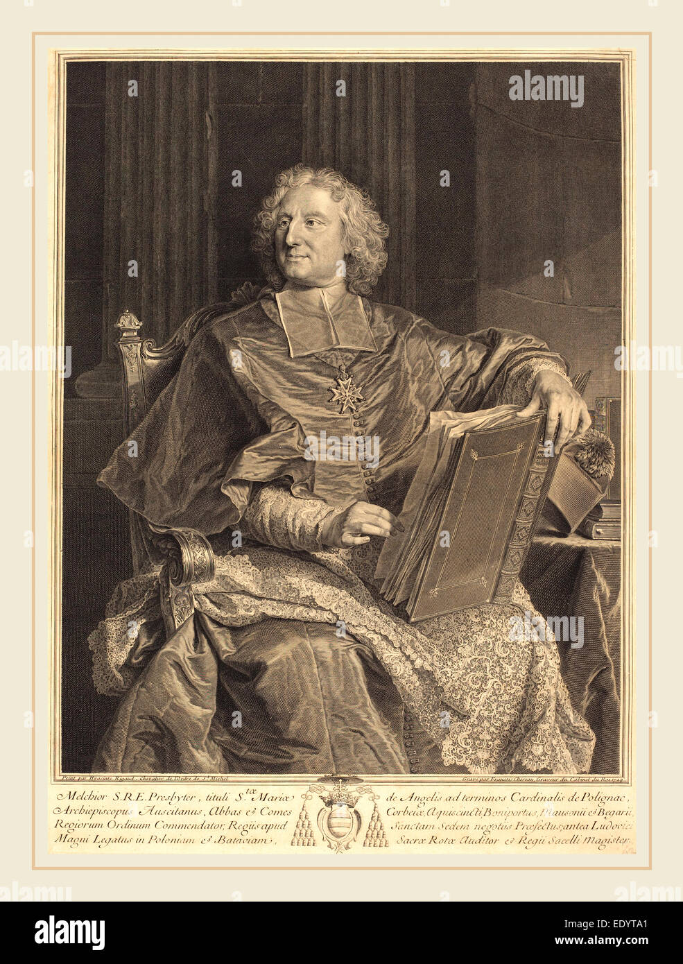 François Chereau ich nach Hyacinthe Rigaud, Französisch (1680-1729), Kardinal de Polignac, 1729, Gravur Stockfoto