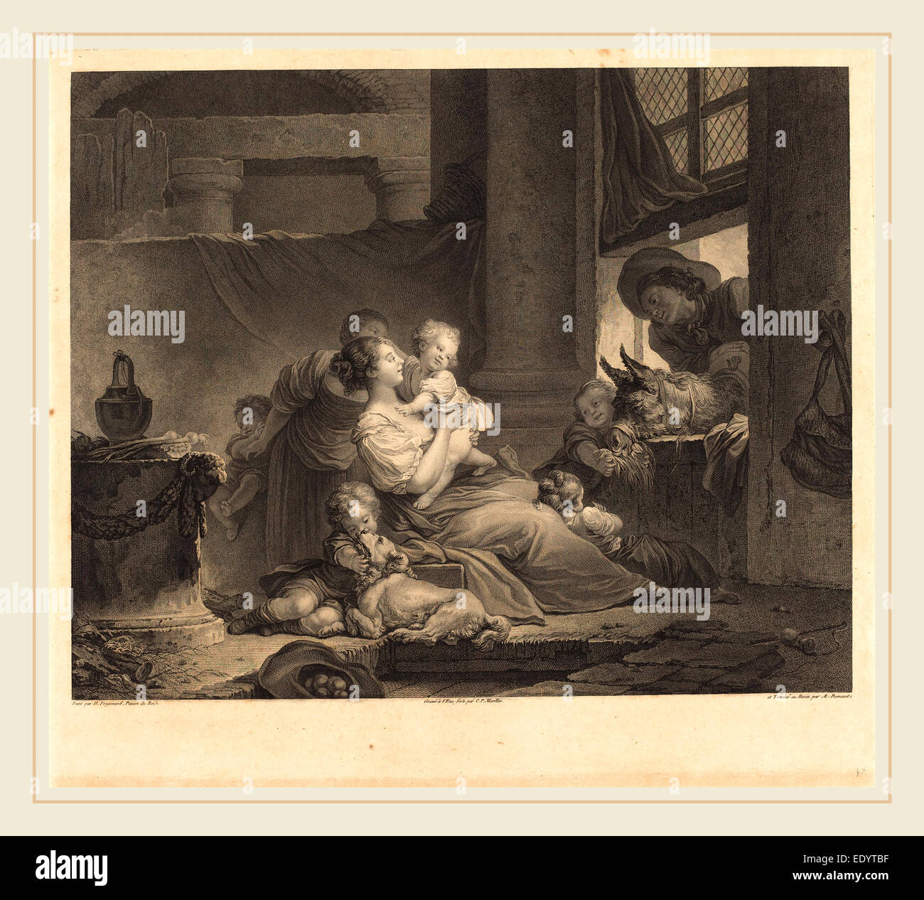 Clément-Pierre Marillier und Antoine Louis Romanet nach Jean-Honoré Fragonard, Französisch (1742-1810 oder danach), La Famille Stockfoto