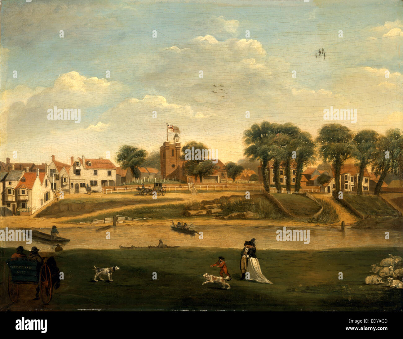 Die alte Pfarrkirche und das Dorf, Hampton-on-Thames, Middlesex, 18. Jahrhundert, unbekannter Künstler, 19. Jahrhundert, Brite/Britin Stockfoto