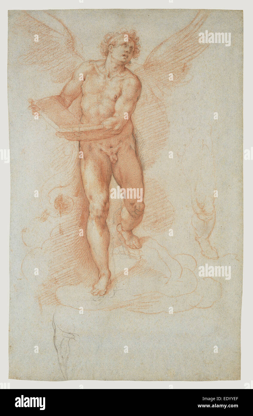 Ein Engel hält ein Buch (Recto), drei Studien einer männlichen Figur fallen (Verso); Cristoforo Roncalli (Il Pomarancio), Italienisch Stockfoto