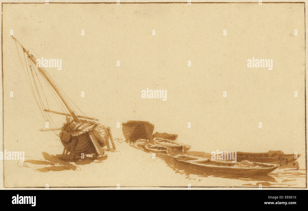 Boote am Ufer und im Wasser; Jan de Bisschop, Niederländisch, 1628-1671; Den Niederlanden, Europa; 1648 - 1652; Feder und braune Tinte Stockfoto