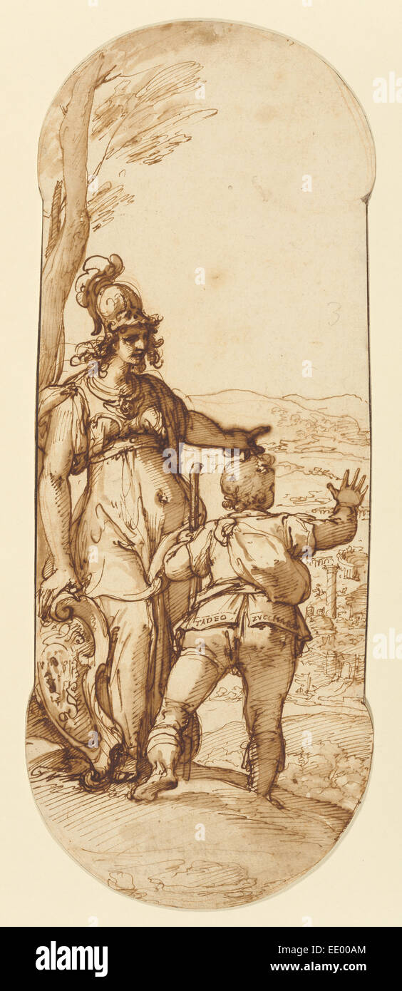 Pallas Athene zeigt Taddeo die Aussicht auf Rom; Federico Zuccaros, Italienisch, etwa 1541-1609; ca. 1595; Feder und braune Tinte Stockfoto