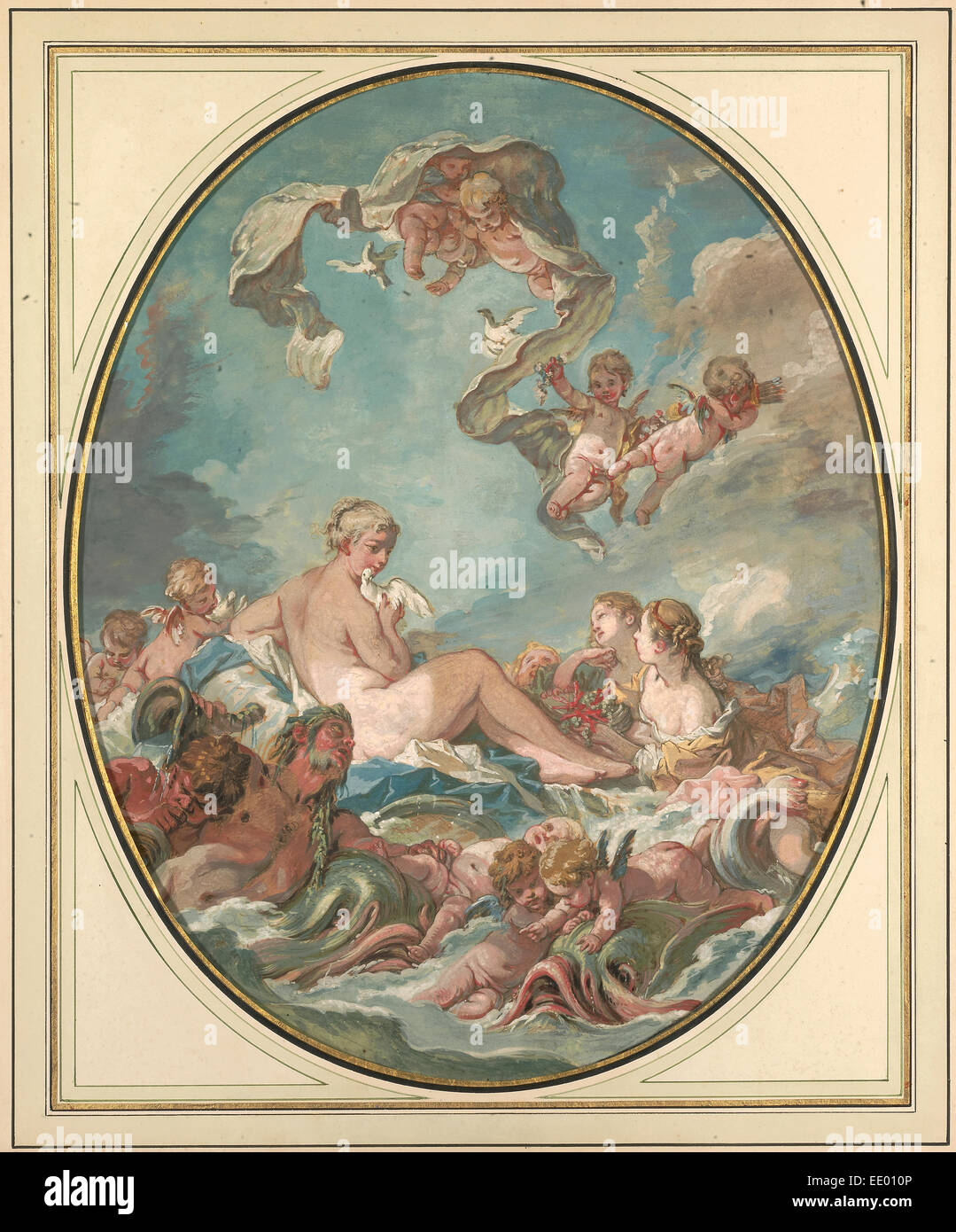 Die Geburt und Triumph der Venus; François Boucher, Französisch, 1703-1770; ca. 1743; Schwarze Kreide und gouache Stockfoto