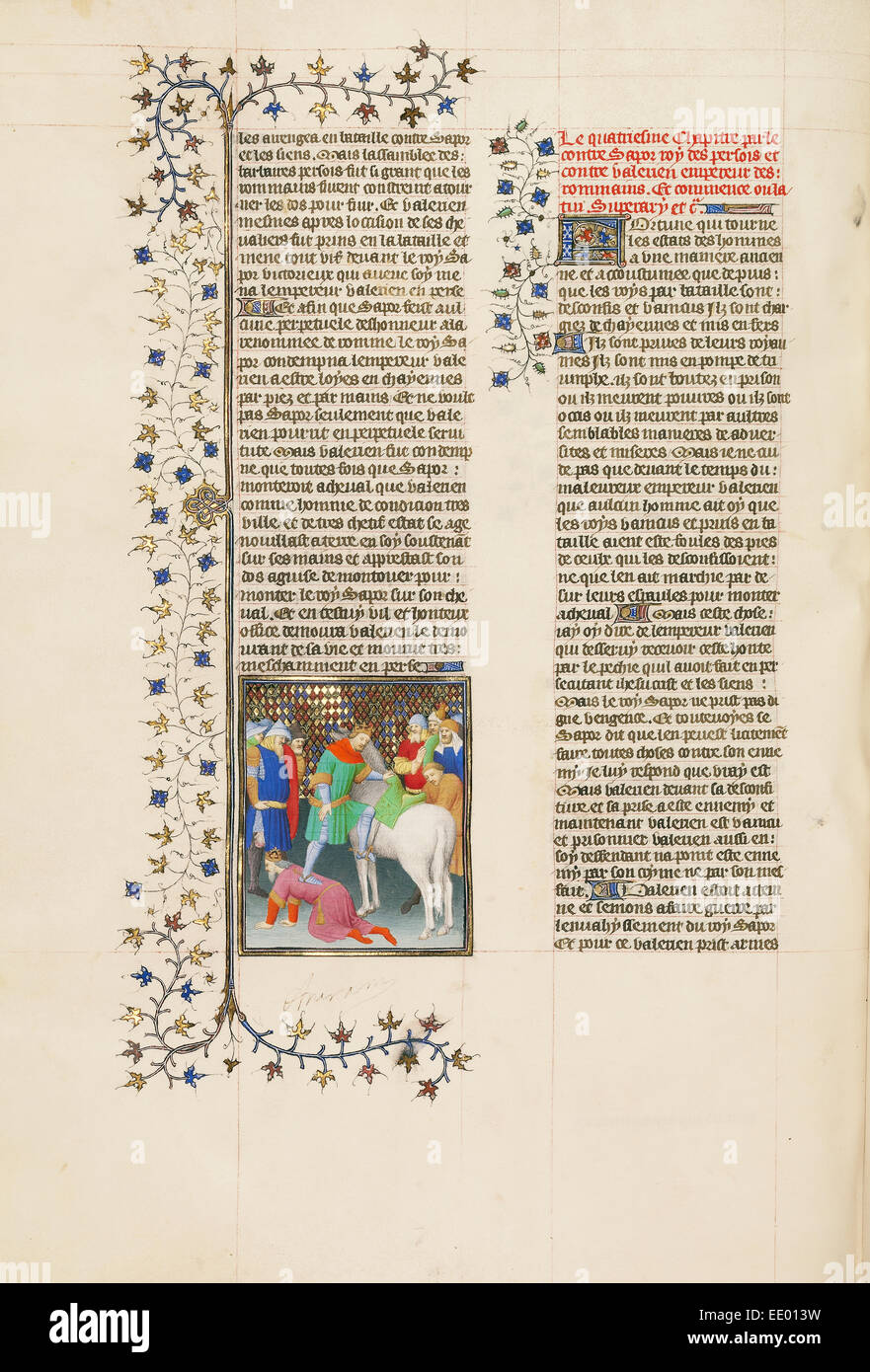 Schapur, König von Persien, demütigt die römischen Kaiser Valerian; Unbekannt; Paris, Frankreich; ca. 1413-1415; Tempera Farben Stockfoto