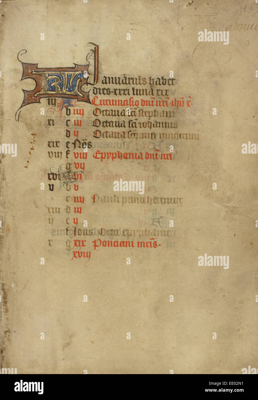 Kalender-Seite; Unbekannt; Utrecht (wahrscheinlich), Niederlande, Europa; ca. 1405-1410; Tempera-Farben, Blattgold und Tinte Stockfoto
