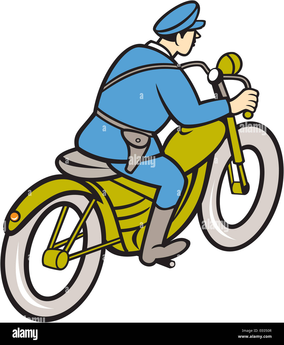 Illustration der Autobahnpolizei Polizist Polizist auf einem Motorrad gesehen von der Seite auf isolierten weißen Hintergrund im Cartoon-Stil gemacht. Stockfoto