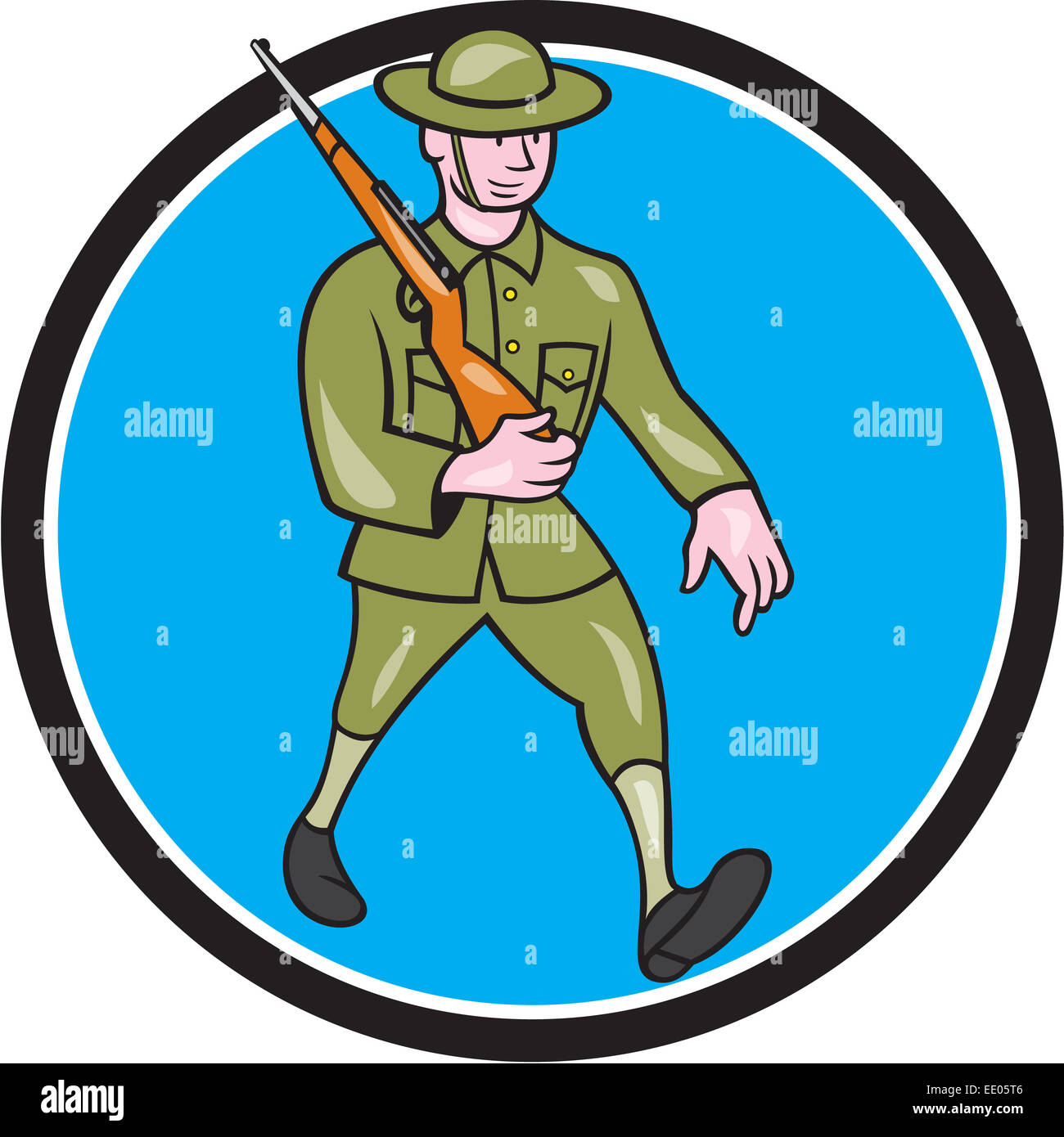 Beispiel für einen Weltkrieg ein britischer Soldat Soldaten marschieren mit Sturmgewehr Seitenansicht im inneren Kreis auf isolierte Hintergrund getan im Cartoon-Stil festgelegt. Stockfoto