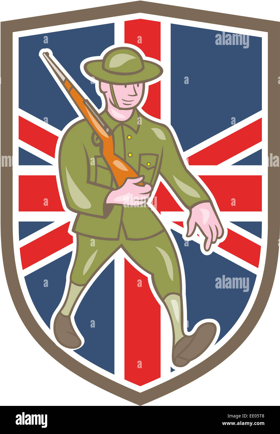 Beispiel für einen Weltkrieg ein britischer Soldat Soldaten marschieren mit Sturmgewehr Seitenansicht Kennzeichen in Schild mit britischen UK im Hintergrund getan im Cartoon-Stil. Stockfoto