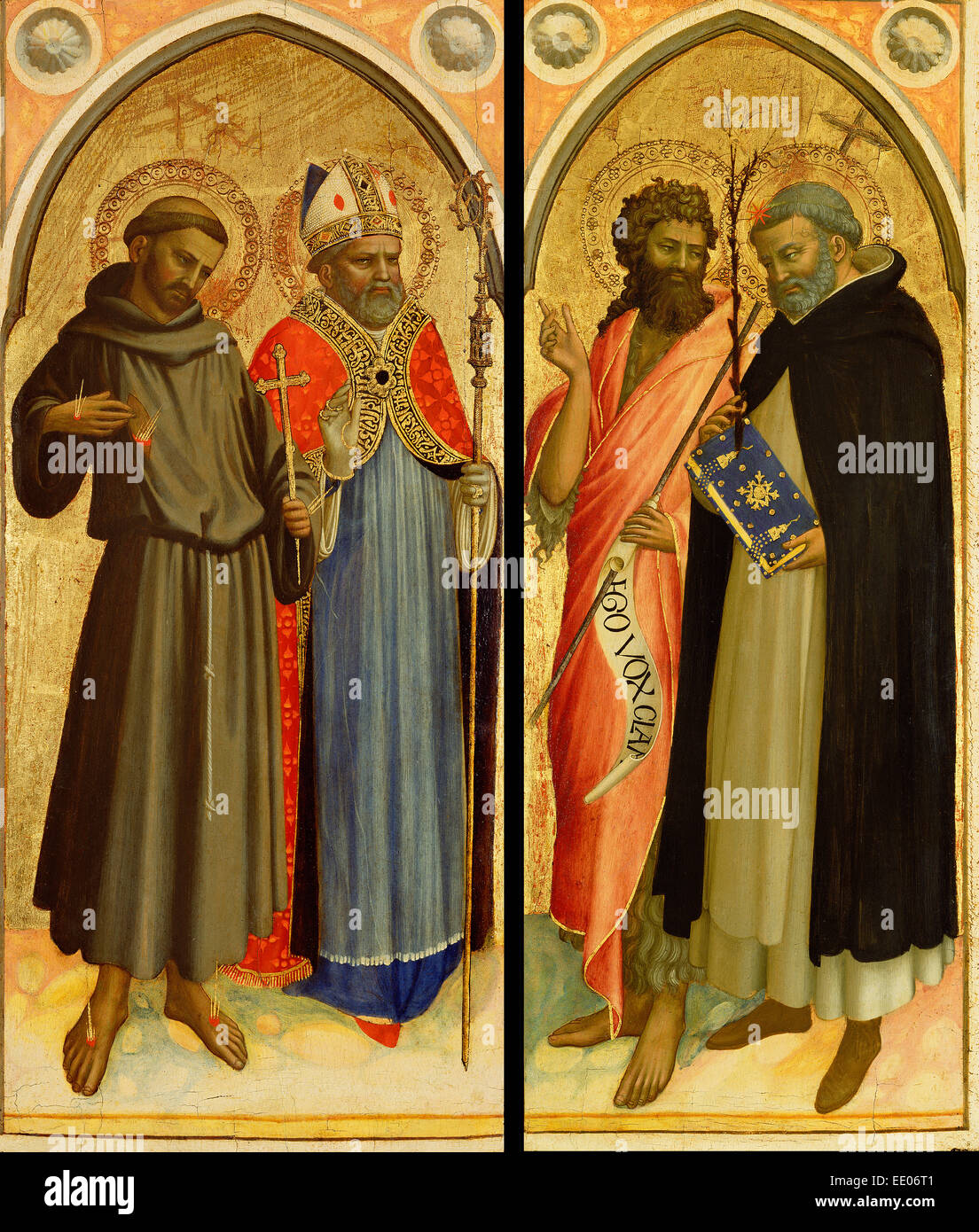 Franziskus und ein Heiliger Bischof, Johannes der Täufer und Hl. Dominikus; Fra Angelico, Guido di Pietro Stockfoto