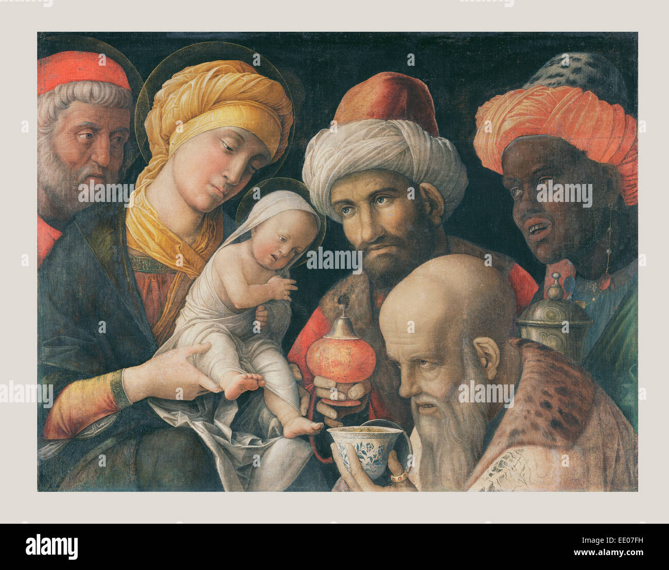 Anbetung der Könige; Andrea Mantegna, Italienisch (Paduaner), ca. 1431-1506; ca. 1495-1505; Staupe auf Leinen Stockfoto