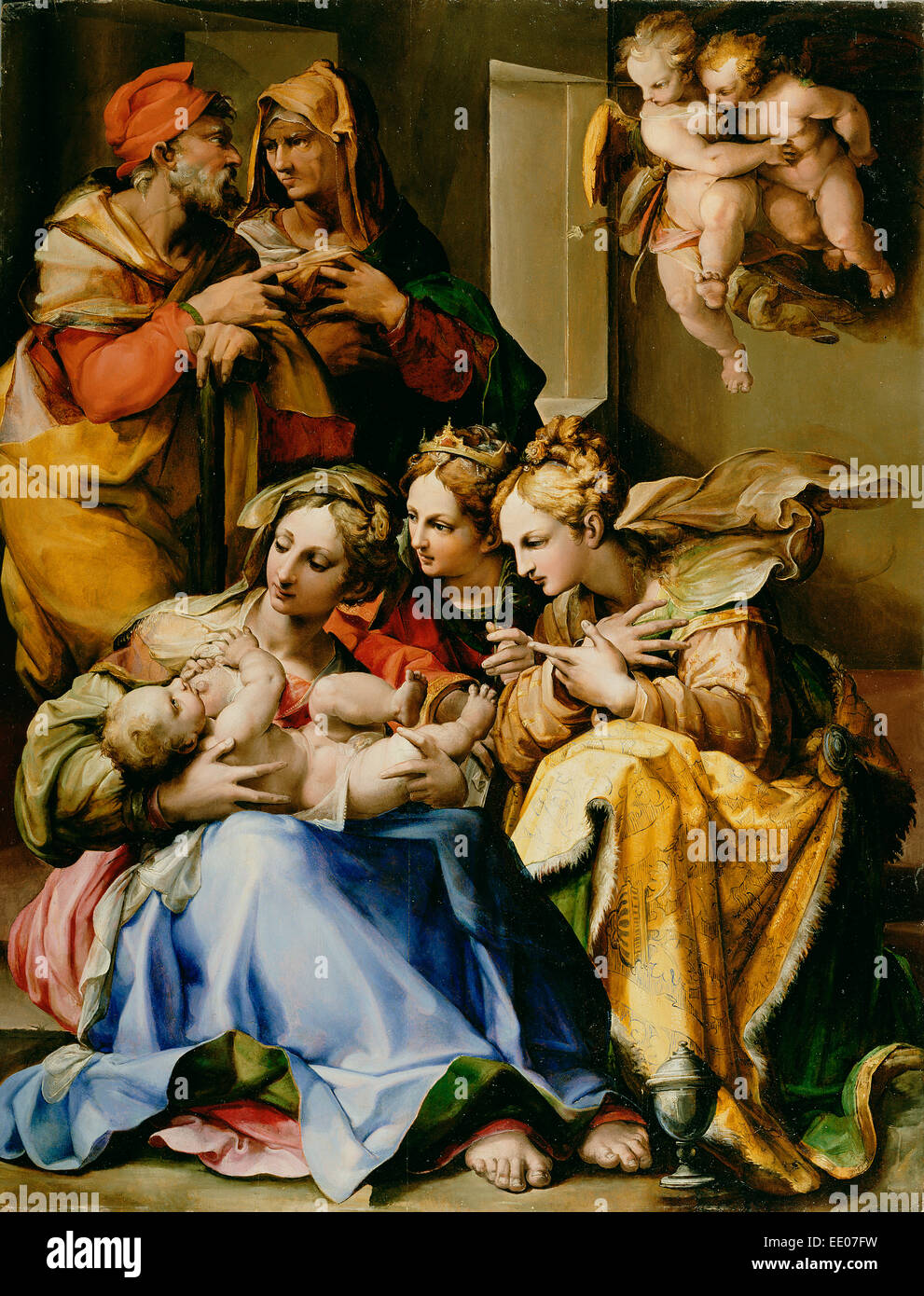 Heilige Familie mit Heiligen Anne, Katharina von Alexandria, und Maria Magdalena; Nosadella, Italienisch (Bolognese) Stockfoto