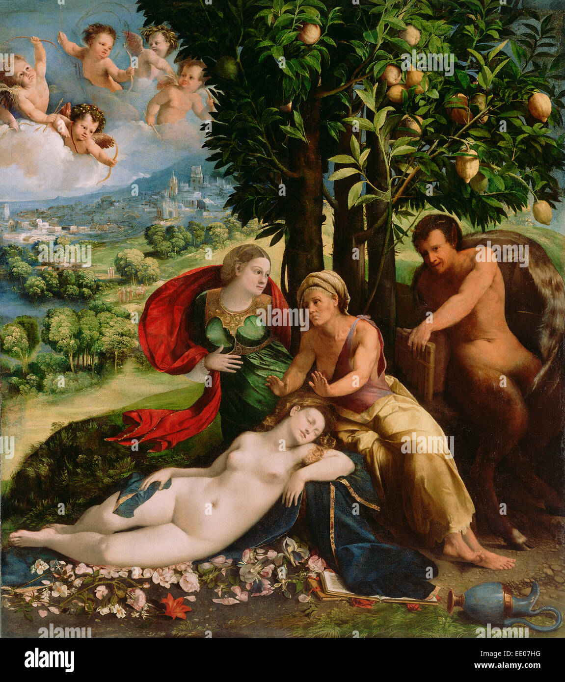 Mythologische Szene; Dosso Dossi (Giovanni di Niccolò de Lutero), Italienisch (Ferrara), ca. 1490-1542; Italien, Europa Stockfoto