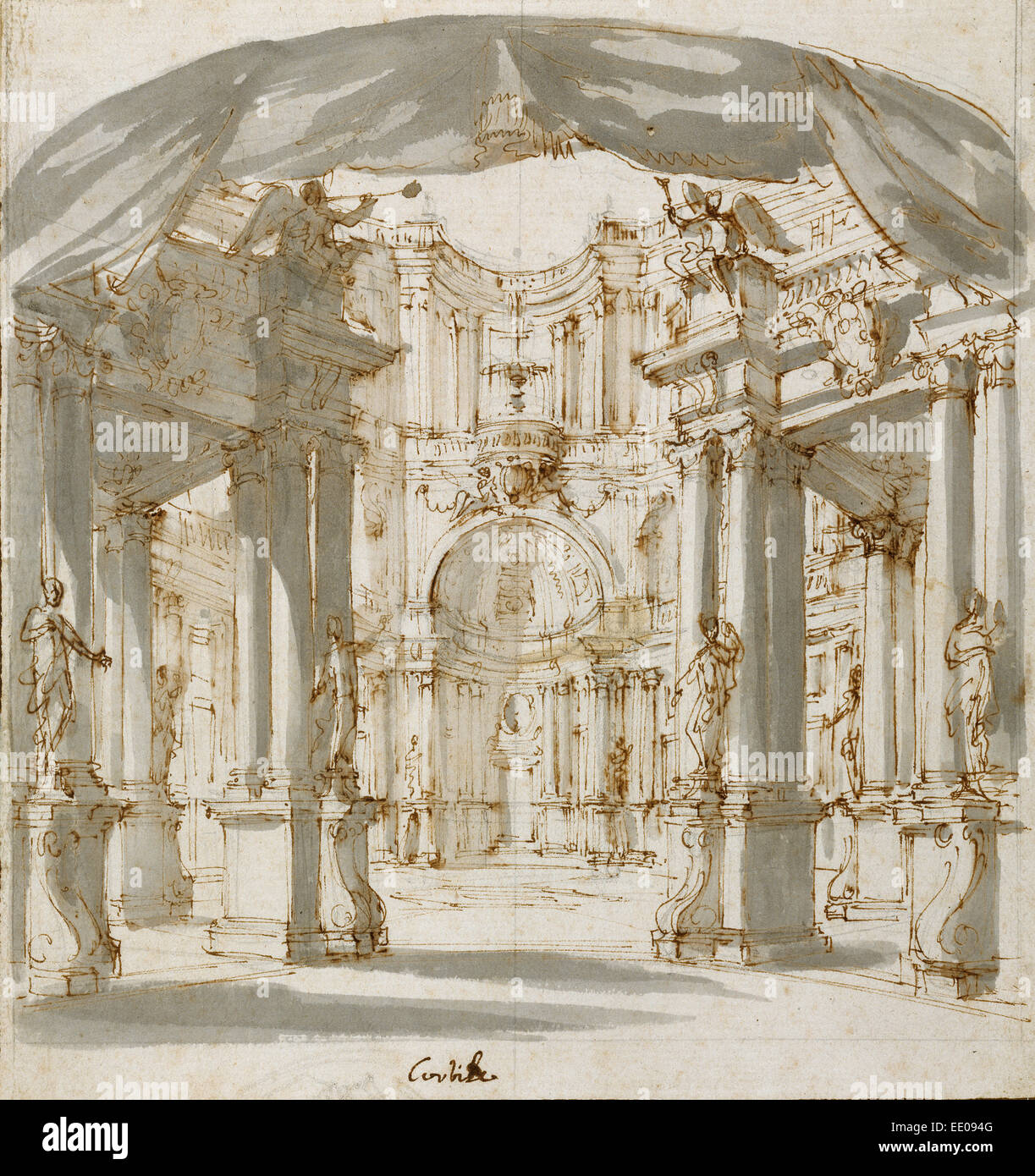 Der Innenhof eines Palastes: Projekt für eine Stufe; Filippo Juvarra, Italienisch, 1678-1736; 1713; Stift und Bister, grau und braun Stockfoto