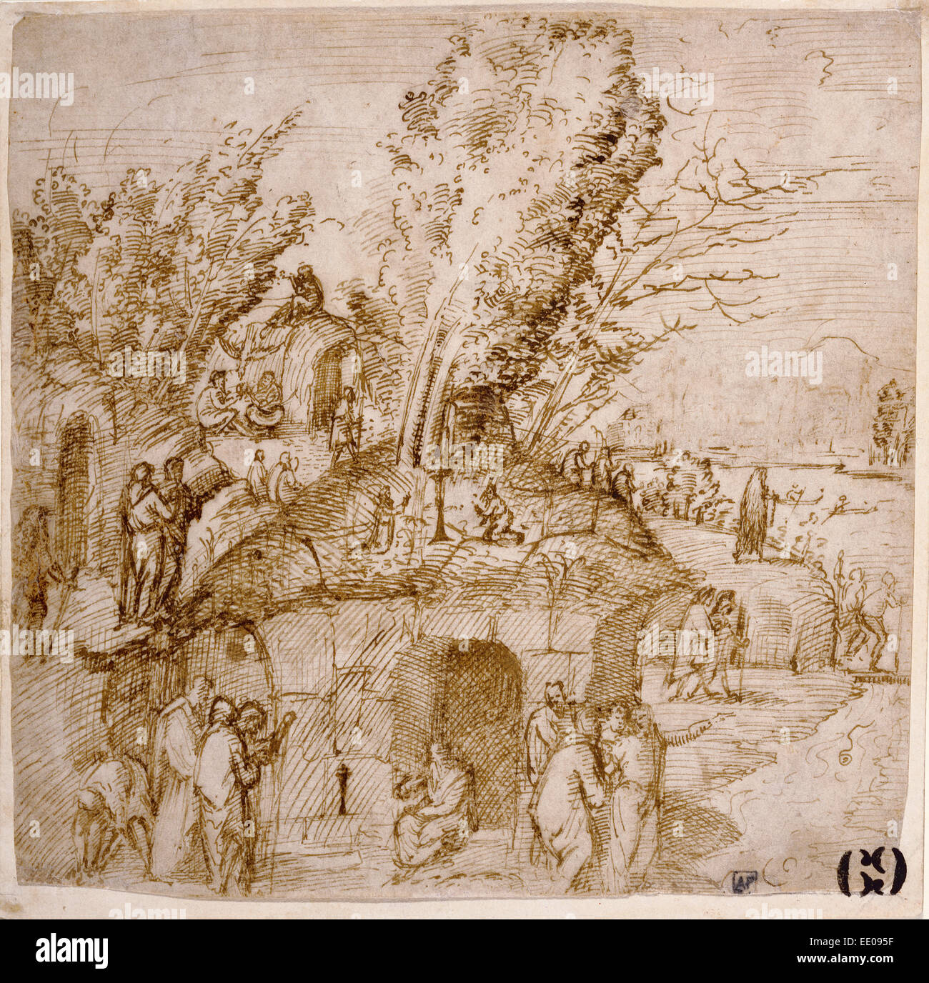 Ein Thebaid: Mönche und Einsiedler in einer Landschaft; Lorenzo Costa, Italienisch, um 1459/1460 - 1535; ca. 1505; Feder und braune Tinte Stockfoto