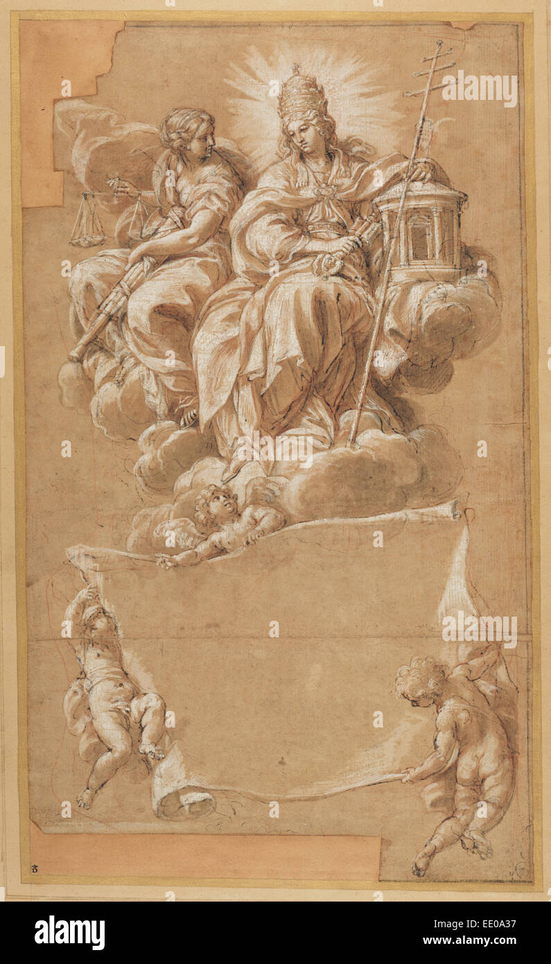 Glauben und Gerechtigkeit thront; Carlo Maratti, Italienisch, 1625-1713; Italien, Europa; ca. 1676; Feder und braune Tinte, braun waschen Stockfoto