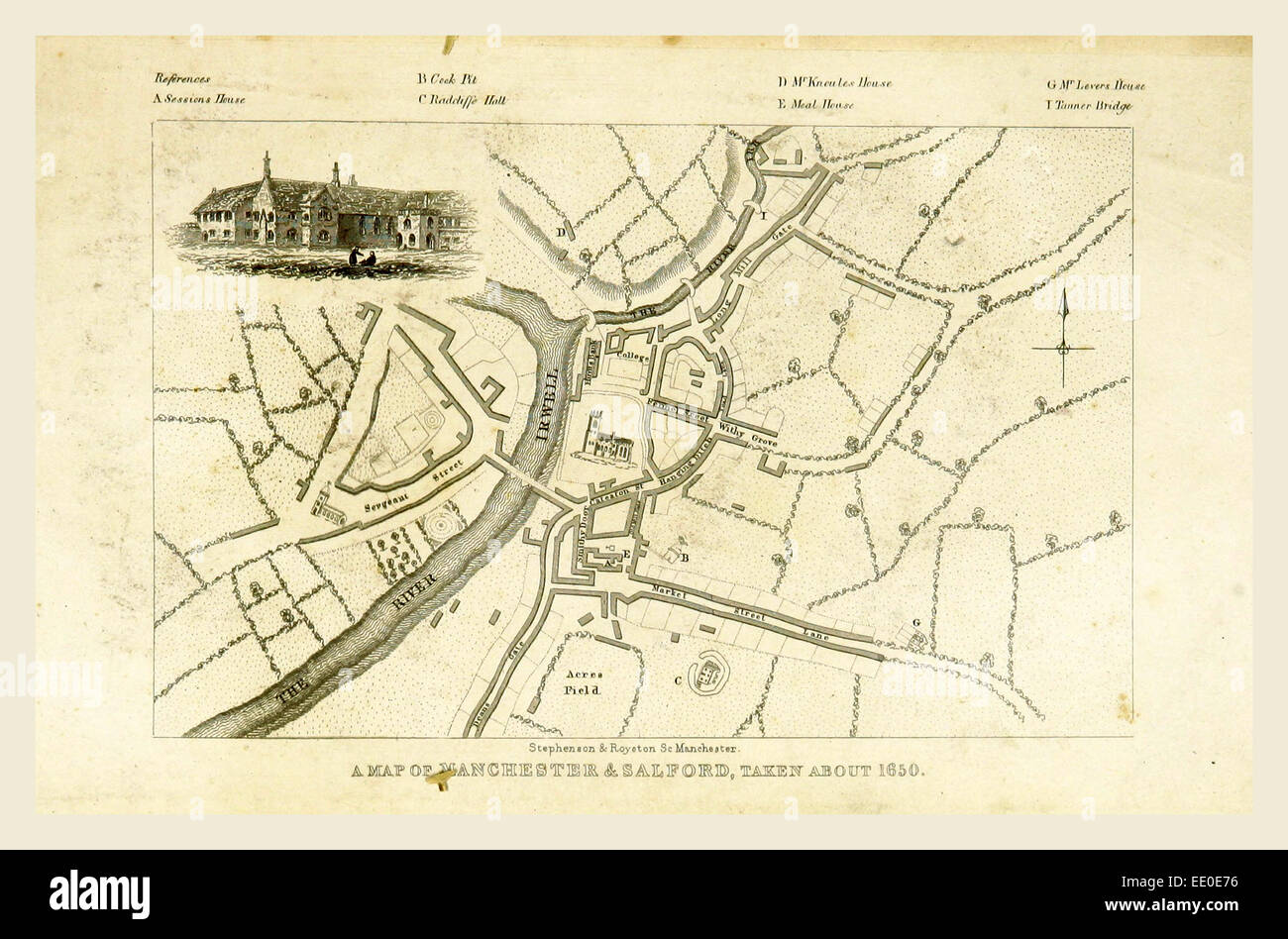 Karte, Mancuniensis oder eine Geschichte der Stadt von Manchester und Salford, 19. Jahrhundert Gravur Stockfoto