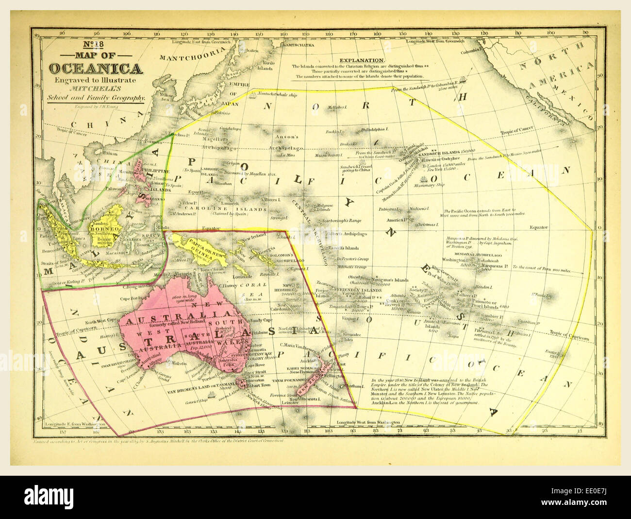 Karte von Oceanica, Ozeanien, 19. Jahrhundert Gravur Stockfoto