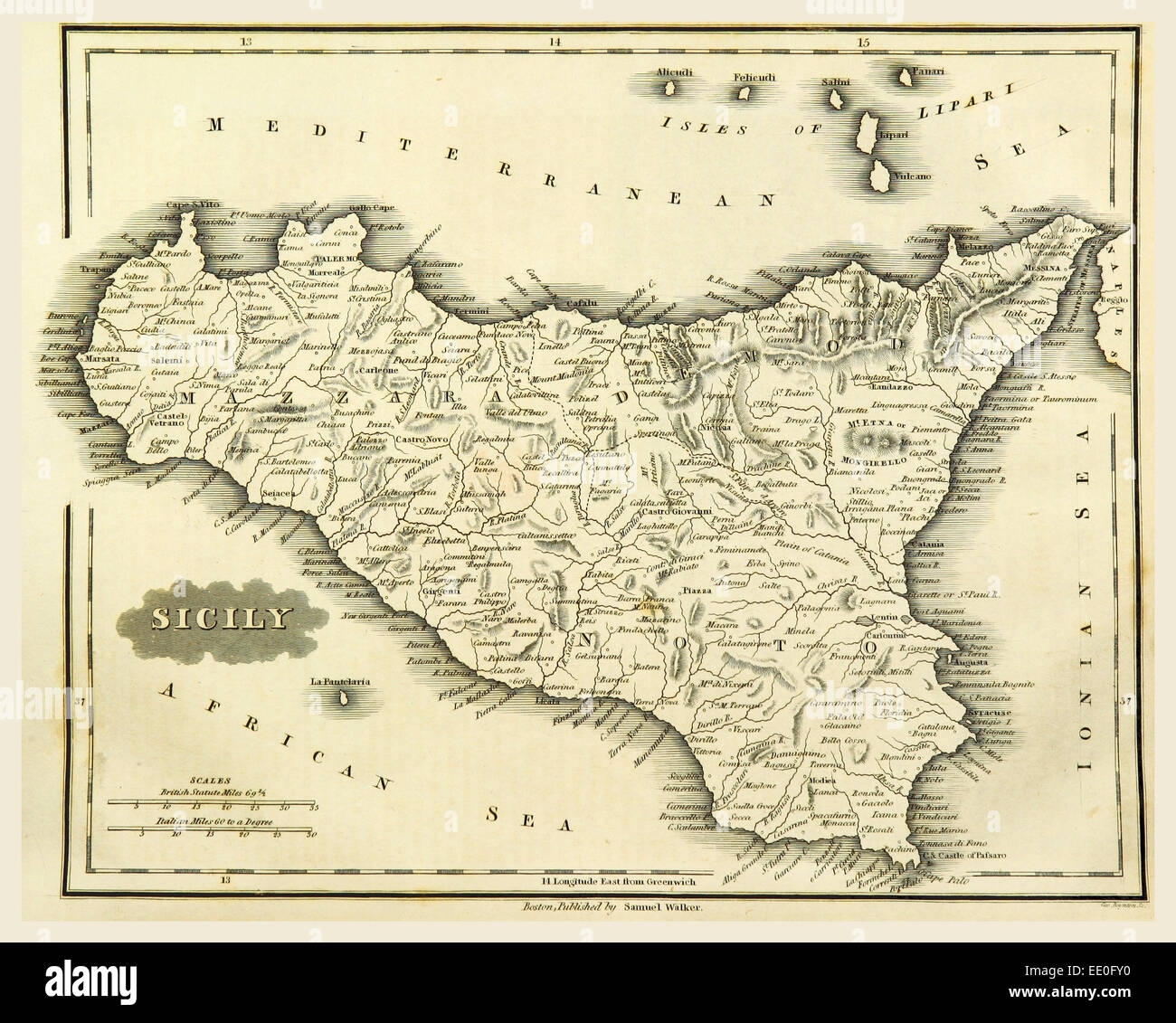 Karte Sizilien, Italien, 19. Jahrhundert Gravur Stockfoto