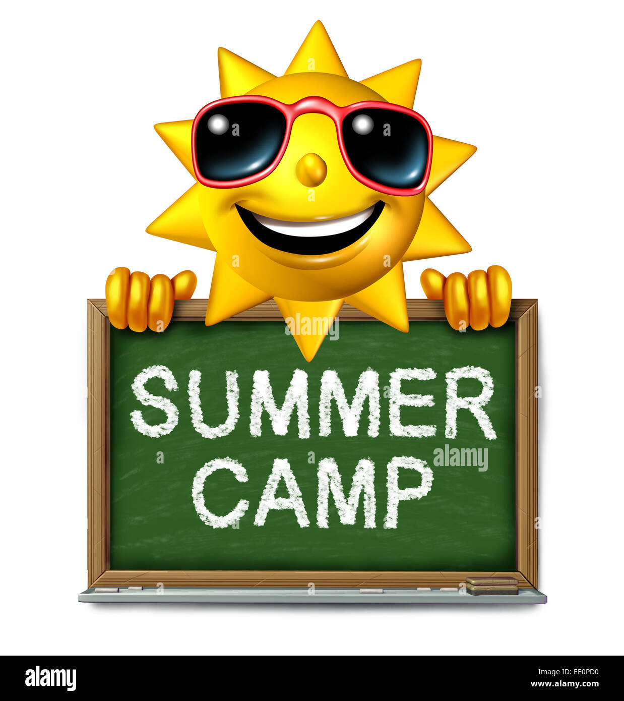 Sommer camp Nachricht an einer Schule-Tafel mit Text als Symbol der nach Schulbildung Erholung und Spaß mit einem glücklich Sonne-Zeichen als Symbol für den Erfolg der Kindheit geschrieben. Stockfoto