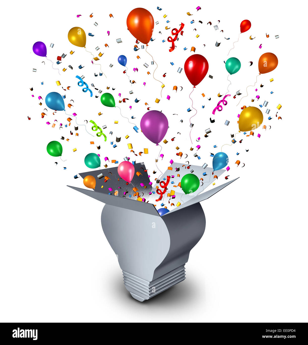 Party Ideen und Feier Event-Planung-Konzept einer offenen Karton geformt wie eine Glühbirne mit festlichen Ballons Konfetti und Luftschlangen coming out als ein Symbol für Spaß denken. Stockfoto