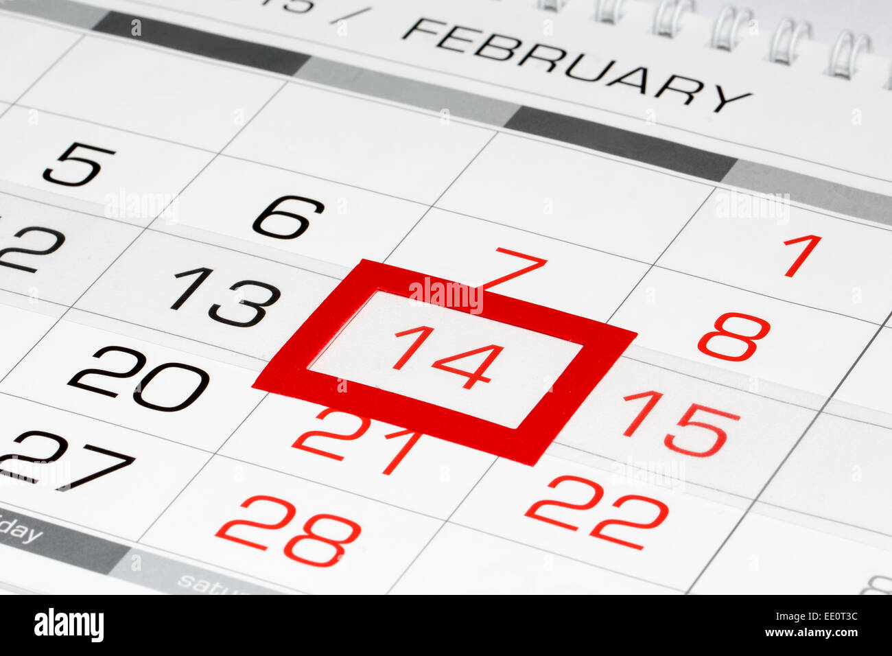 Kalenderblatt mit markierten Datum 14 Februar Stockfoto
