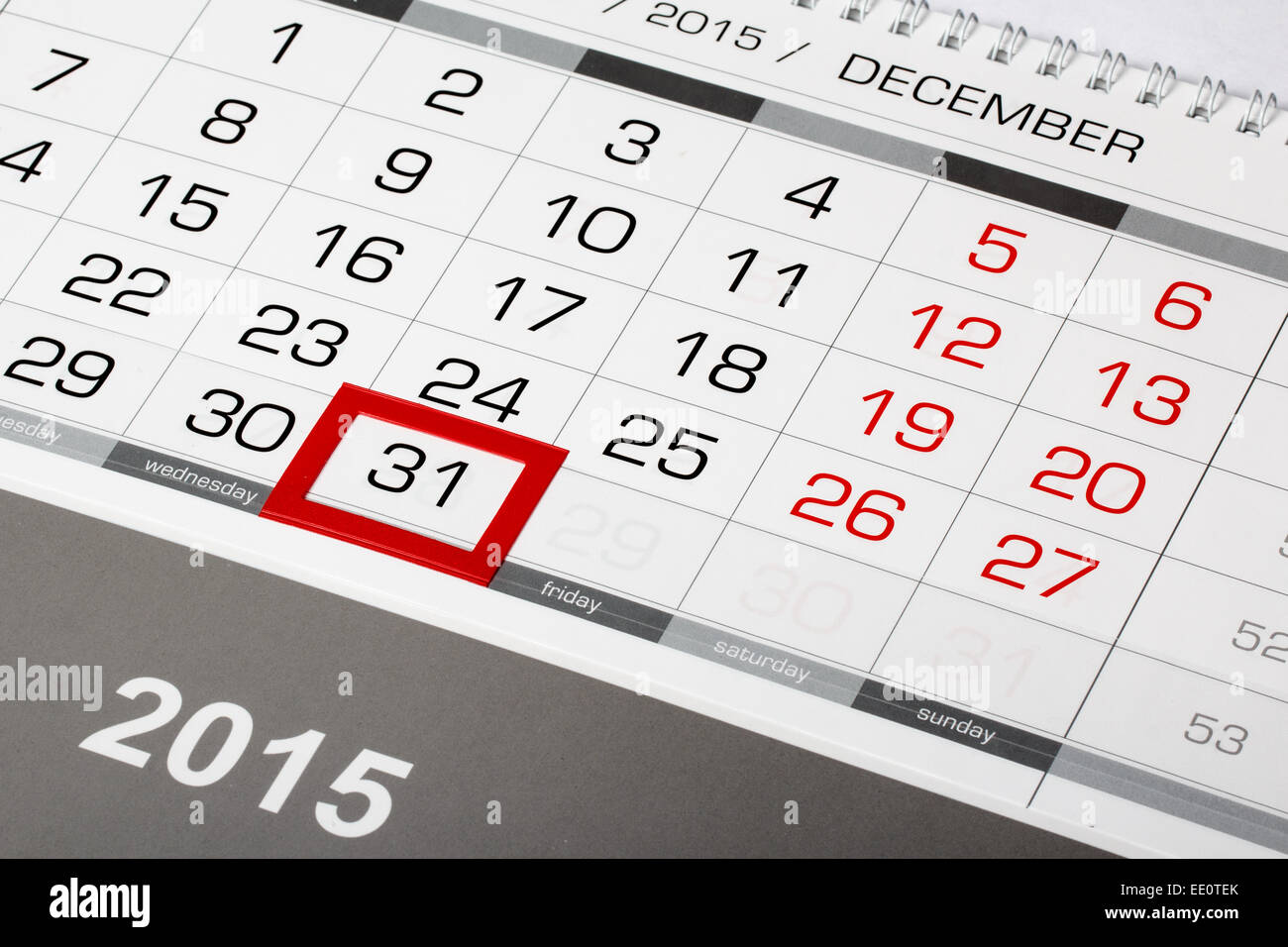 Kalenderblatt mit markierten 31 Dezember 2015 Stockfoto