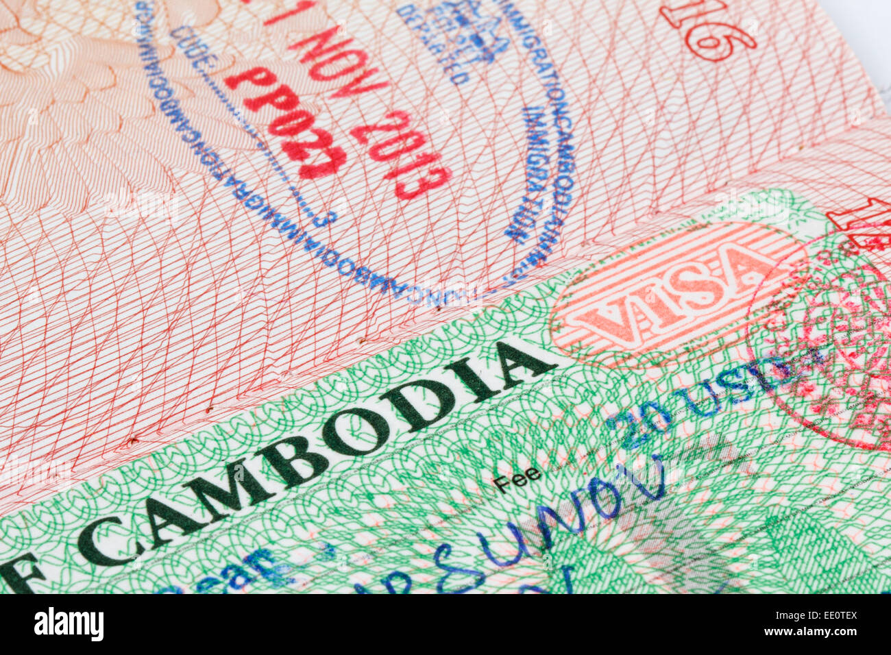 Kambodscha Visum-Stempel im Reisepass Stockfoto