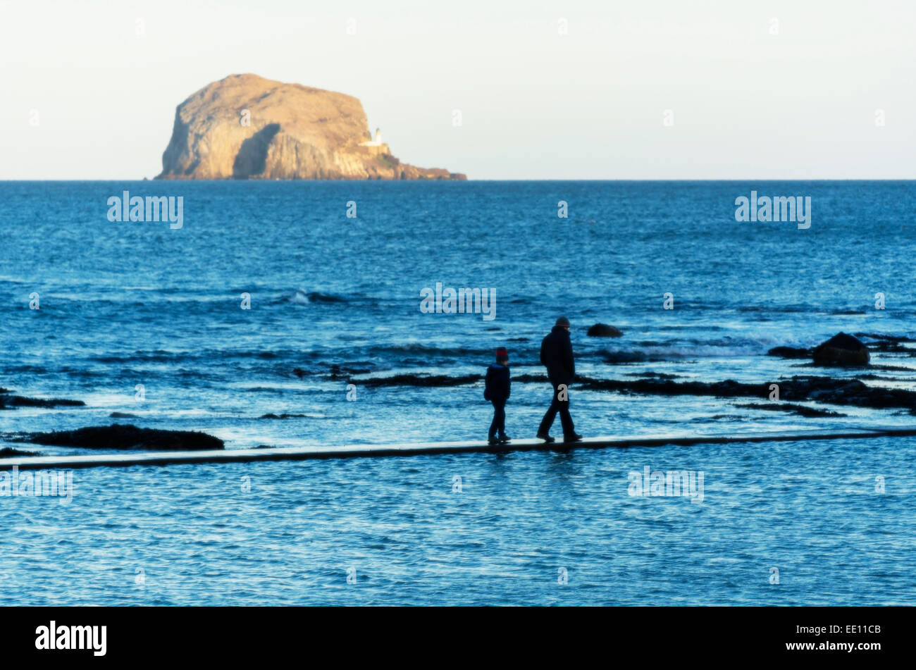 Ein Mann und Kind scheinen auf dem Wasser mit dem Bass Rock und dem Leuchtturm im Hintergrund laufen. Stockfoto