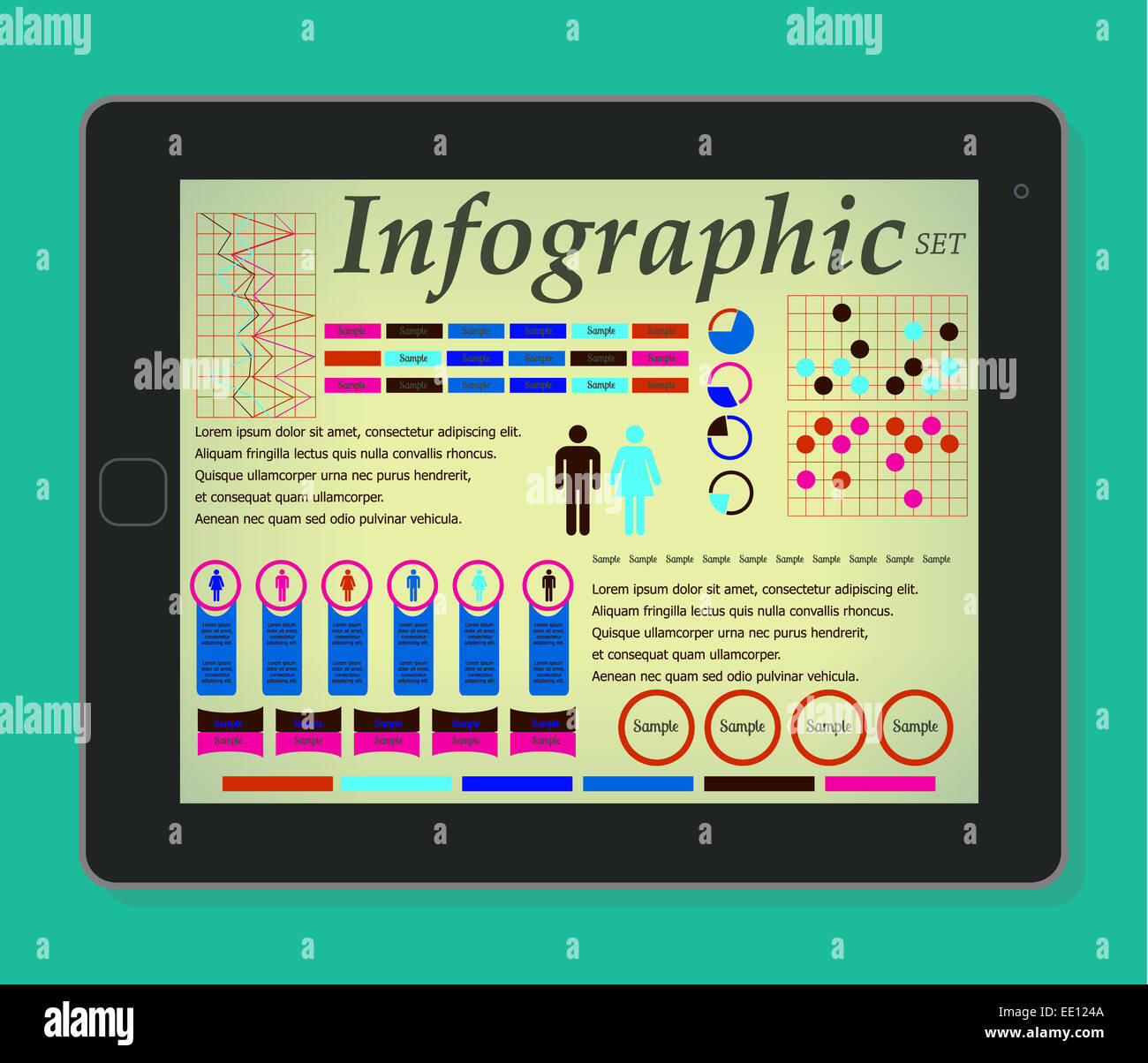 Infografiken auf dem Tablet. Elemente stellen Sie Mann und Frau. Vektor-Illustration EPS10. Stockfoto