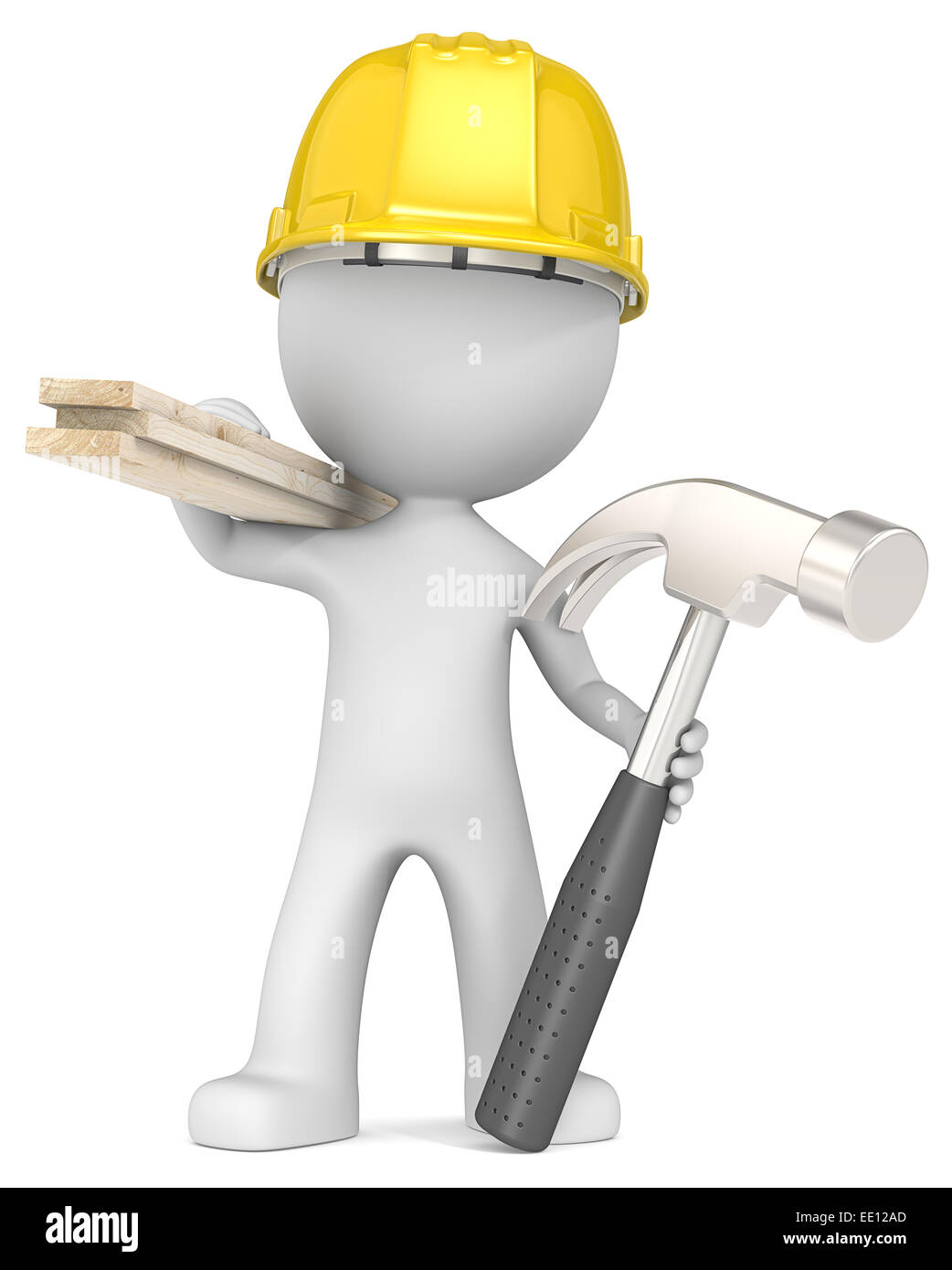 Geck des Zimmermanns hält Planken und hammer. Stockfoto