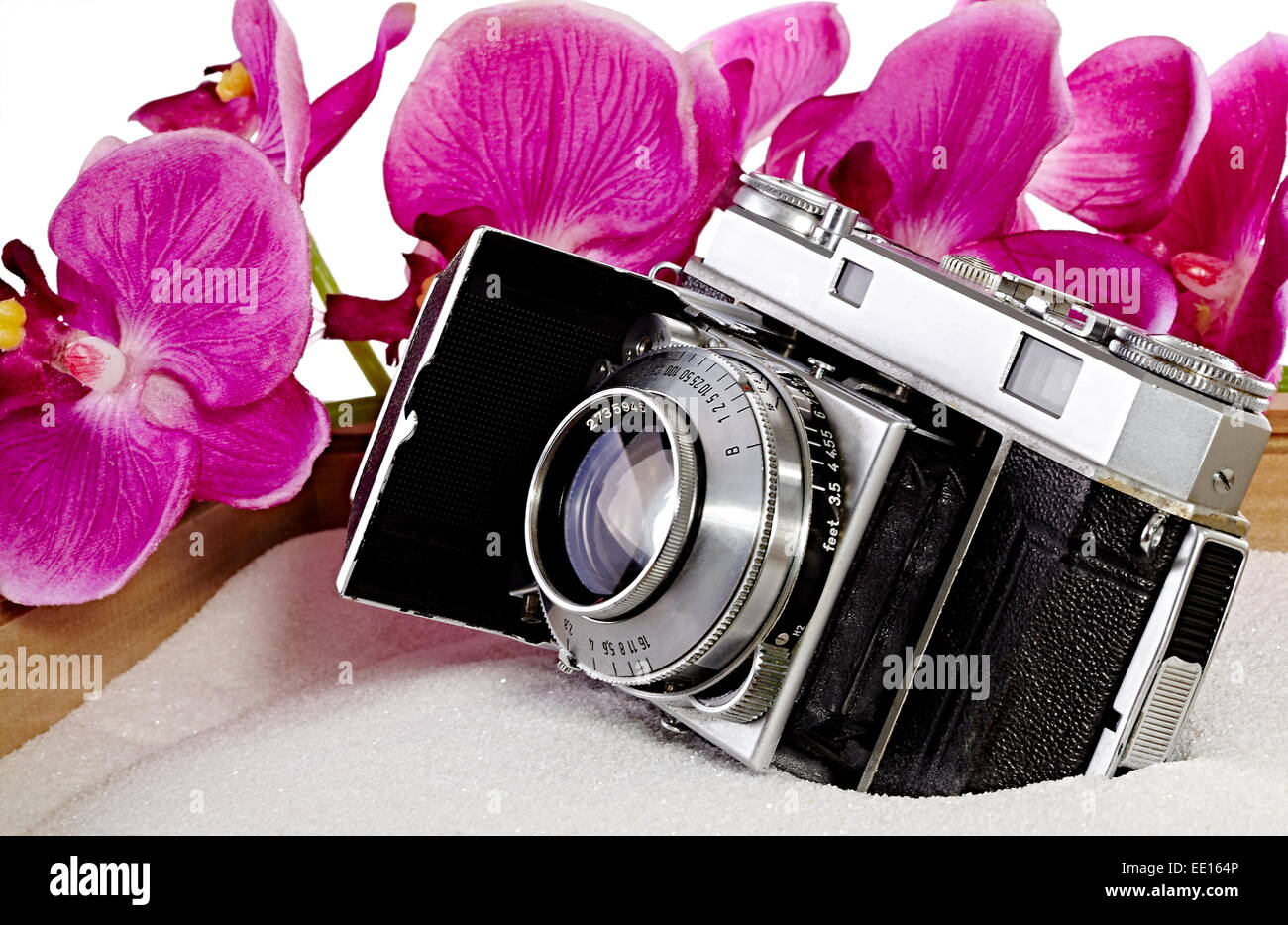 Antike 35mm Film-Kamera im weißen Sand mit rosa Orchideen Stockfoto