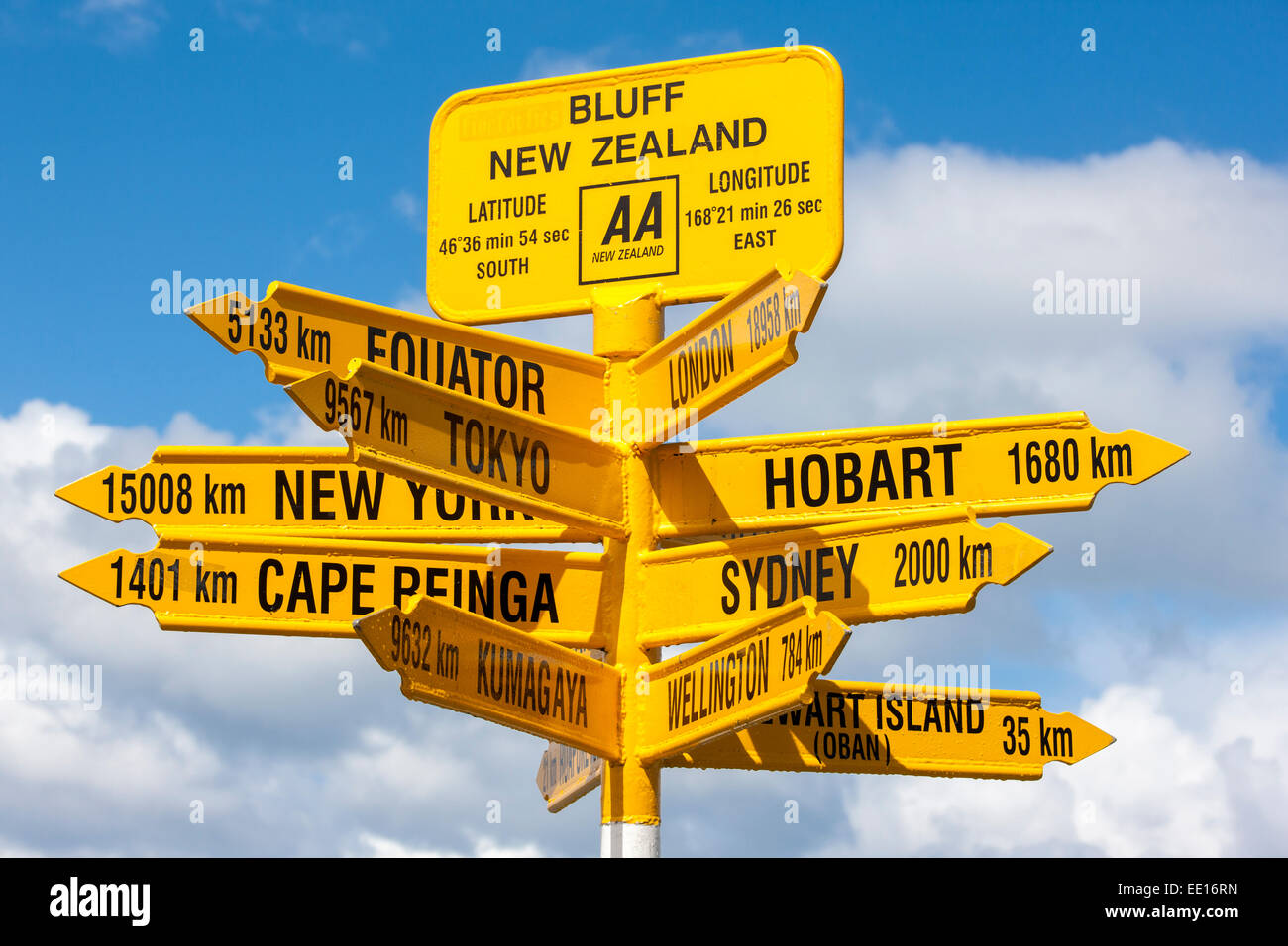 Entfernten Wegweiser an Stirling Punkt in Bluff, Neuseeland. Südlichste Stadt in Neuseeland. Ende des State Highway 1. Stockfoto
