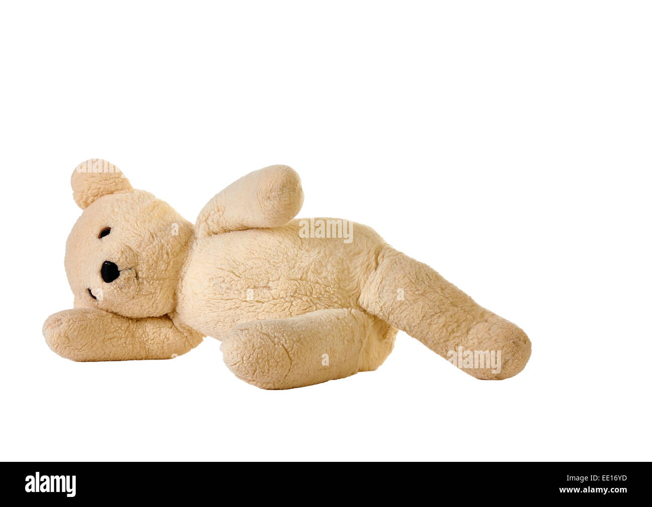 Teddybär Handauflegen auf weißem Hintergrund Stockfoto