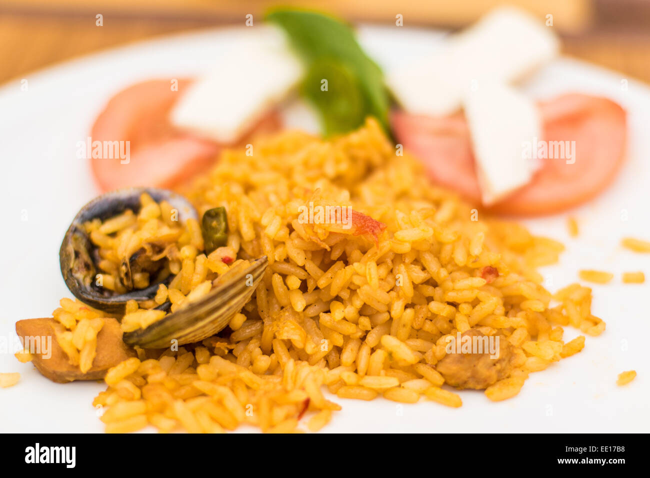 Hausgemachte spanische Paella Reis Originalrezept mit Meeresfrüchten Stockfoto