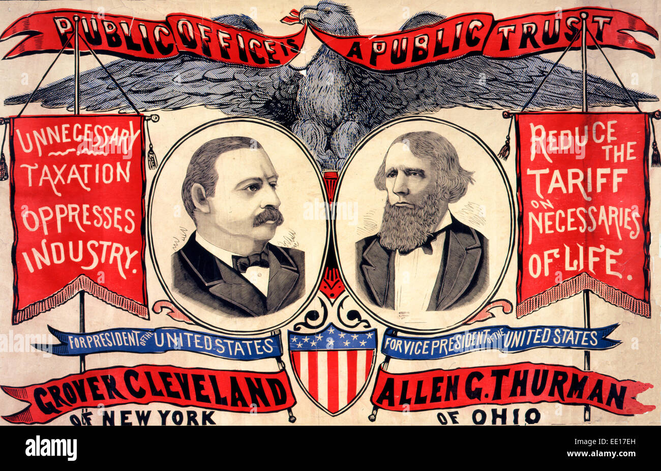 Öffentliches Amt ist ein öffentliches gut für Präsident der Vereinigten Staaten, Grover Cleveland von New York; Für Vize-Präsident der Vereinigten Staaten, Allen G. Thurman von Ohio.  Zusammenfassung: Politische Plakat zeigt Vignetten von Kandidaten, Banner mit Slogans der Kampagne und ein Adler.  1888 Stockfoto