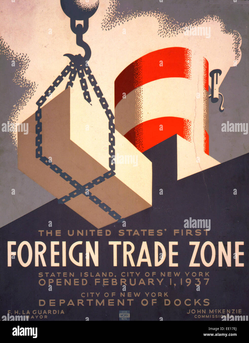 Die Vereinigten Staaten erste Freihandelszone, Staten Island, City of New York, eröffnet 1. Februar 1937 - Plakat für die Stadt von New York Abteilung des Docks, zeigt Schornstein von Schiff und Ladung geladen. Stockfoto