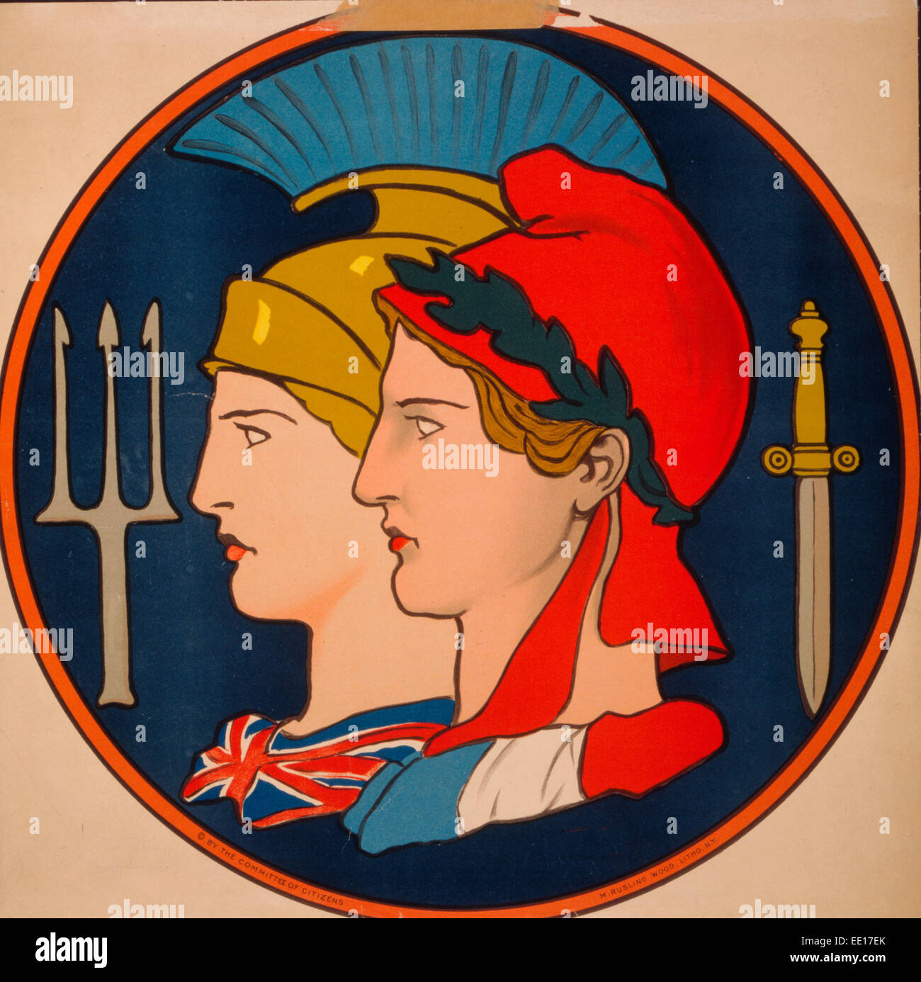 Emblem von Frankreich und Großbritannien - Plakat zeigt Personifikationen von Frankreich und Großbritannien, dargestellt im Profil in einen kreisförmigen Rand, 1917 Stockfoto