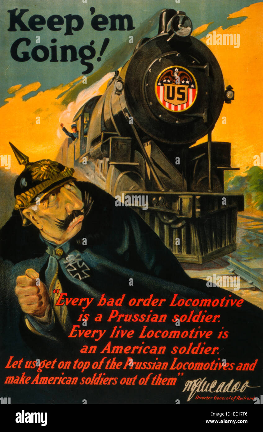 Keep ' em gehen! WWI-Plakat mit einem deutschen Soldaten auf der Flucht vor einem entgegenkommenden Lokomotive Lager Insignien, "US" Stockfoto