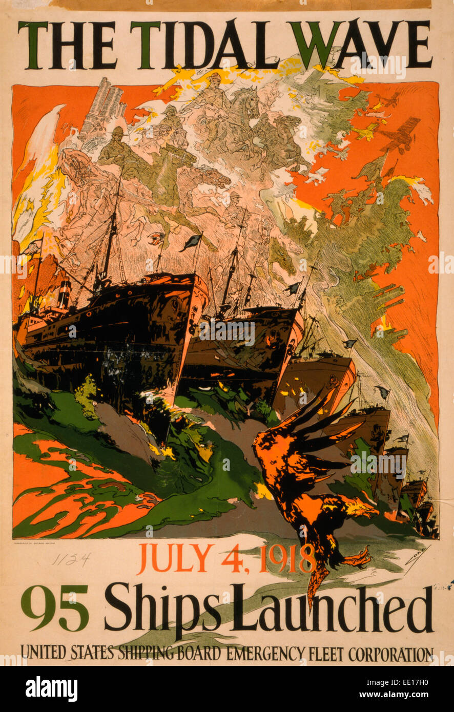 Die Flutwelle - 4. Juli 1918, 95 Schiffe ins Leben gerufen - Plakat zeigt eine Reihe von Schiffen cresting eine Welle und ein Adler. USA-Weltkrieg-Poster, 1918 Stockfoto