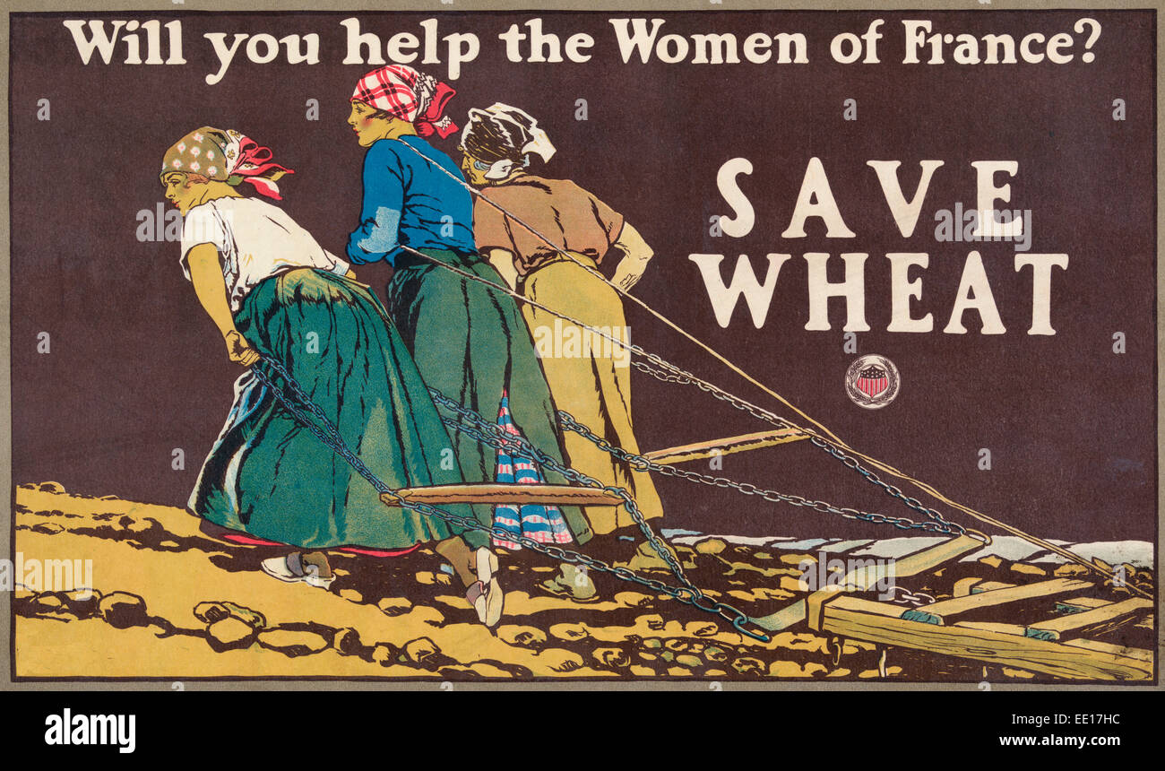 Hilft Ihnen die Frauen in Frankreich? Weizen zu retten. Drei Frauen ziehen, Pflege der Maschine.  Ersten Weltkrieg Plakat, 1918 Stockfoto