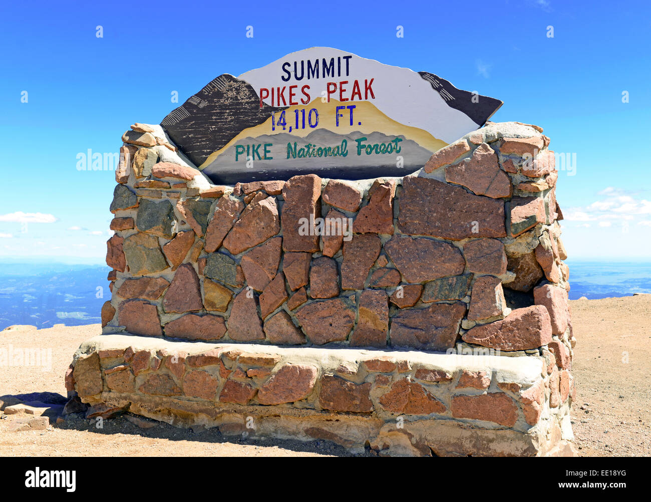 Pikes Peak Gipfel Zeichen, Colorado Rocky Mountains Stockfoto