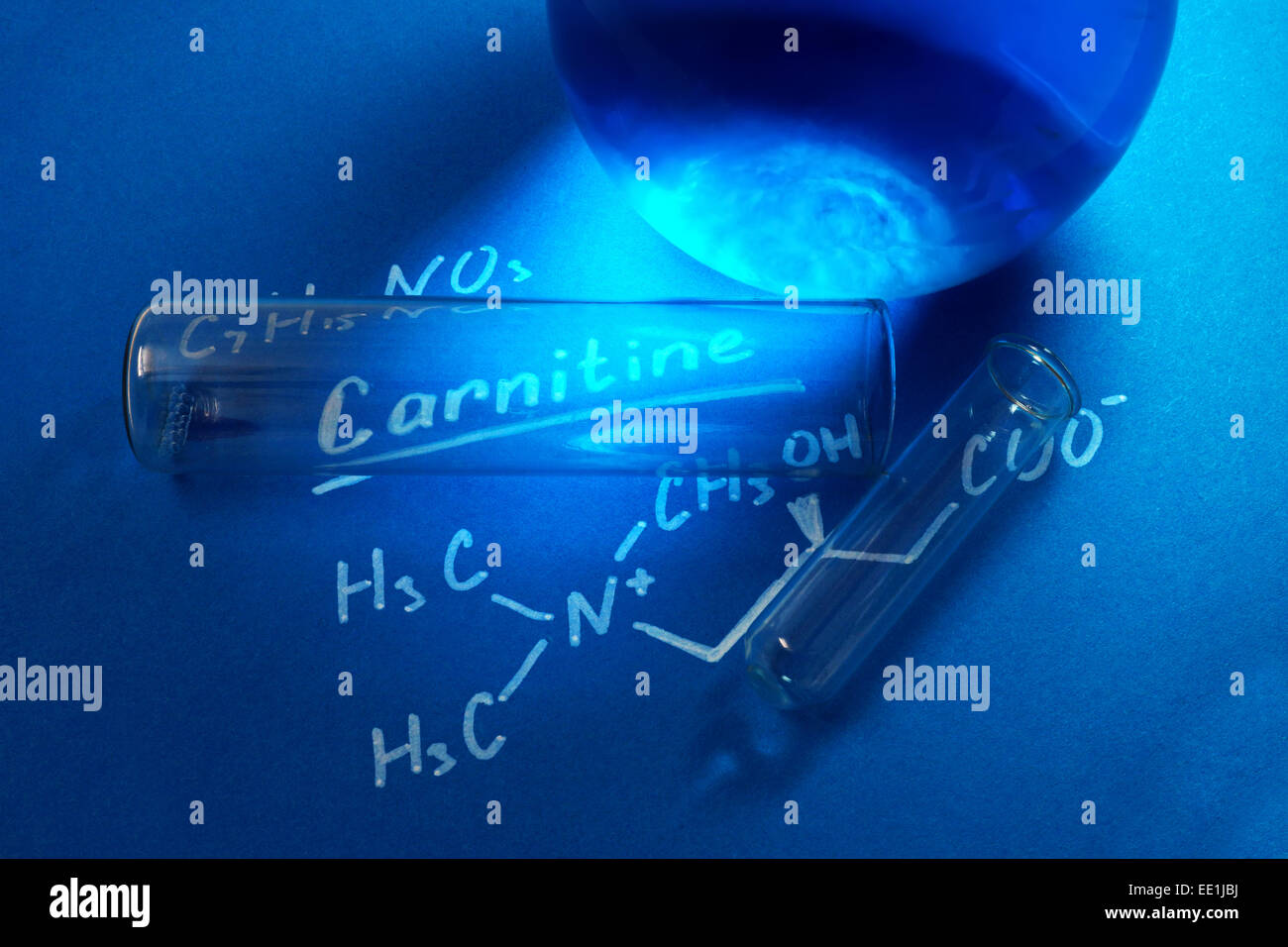 die chemische Formel von Carnitin mit Reagenzgläsern auf blauem Hintergrund Stockfoto