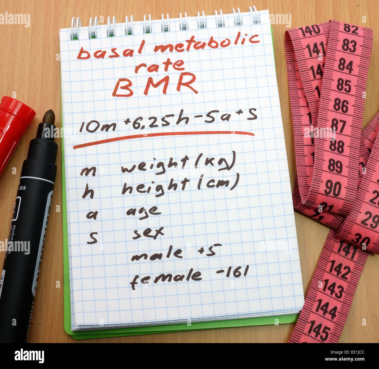 Maßband, ein Marker und einen Notizblock mit einer Berechnung der bmr. Basal Metabolic rate Stockfoto