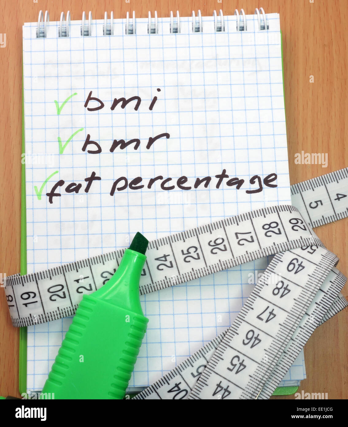Messung der Band, ein Marker und einen Notizblock mit einem Worte Bmi, bmr und Fett-Anteil Stockfoto