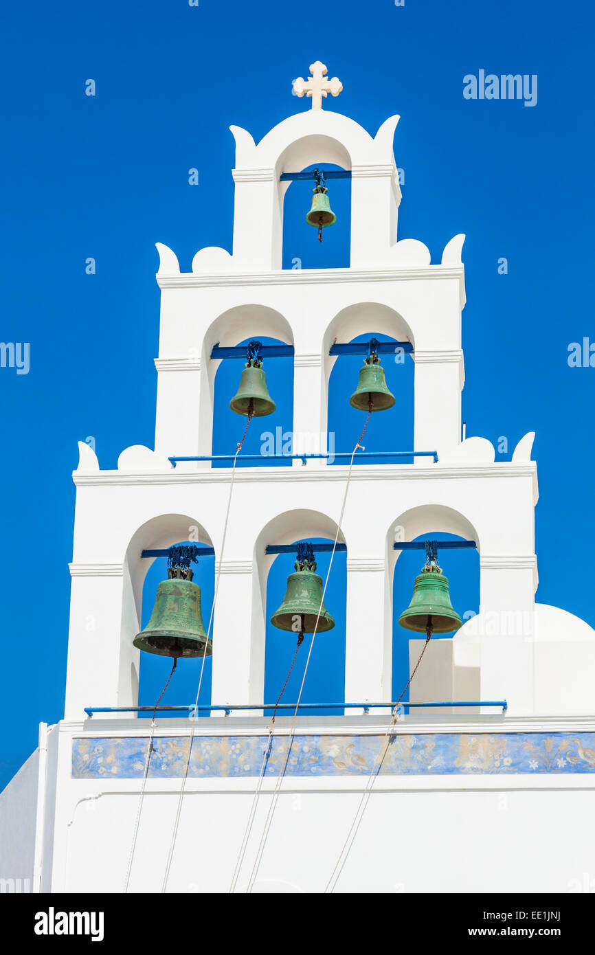 Griechische Kirche bell Tower der Panagia Platsani, Oia, Santorini (Thira), Kykladen, griechische Inseln, Griechenland, Europa Stockfoto