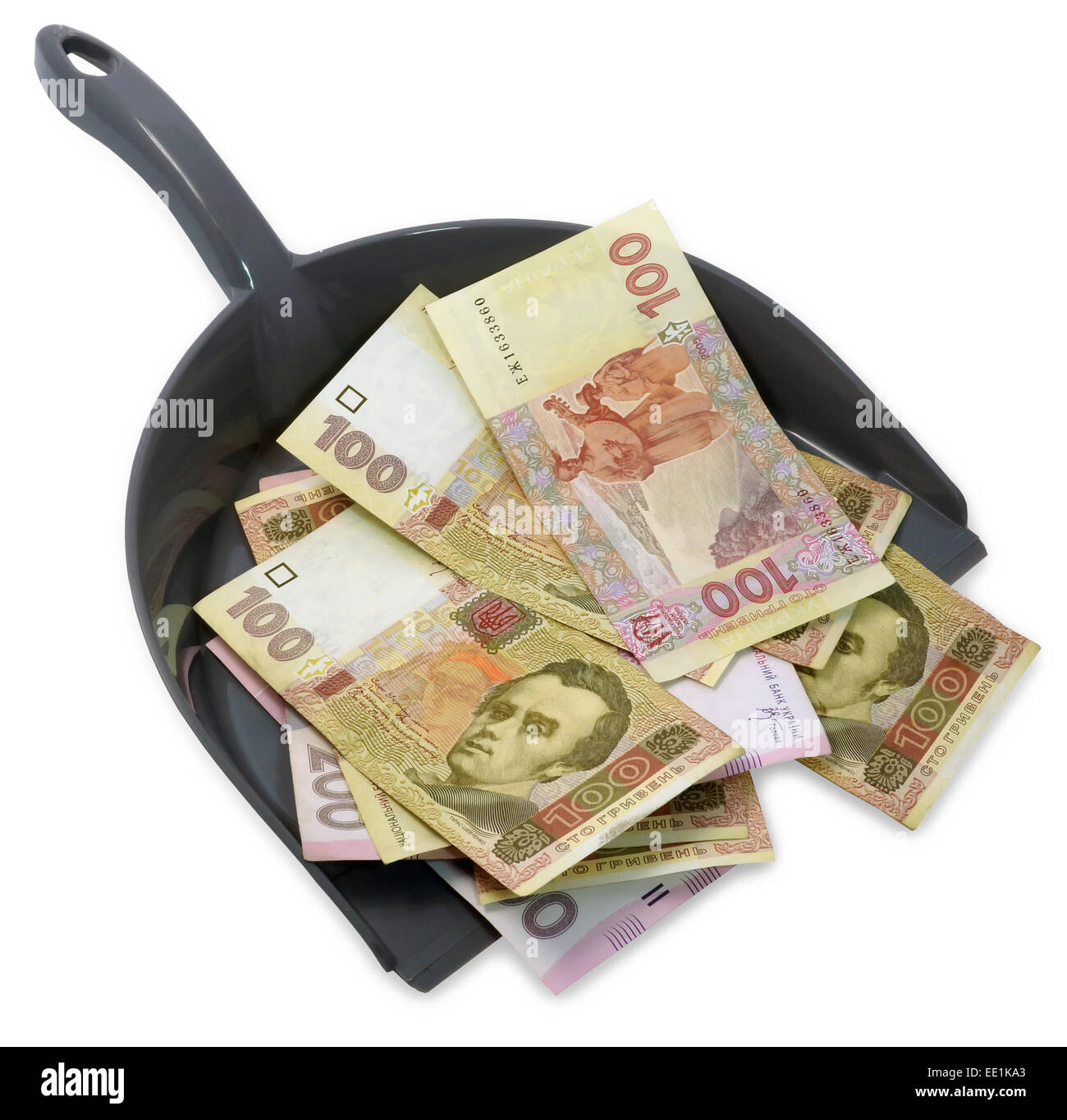 Kehrschaufel mit ukrainischen Hrywen. Inflation. Konzept-Foto. Stockfoto