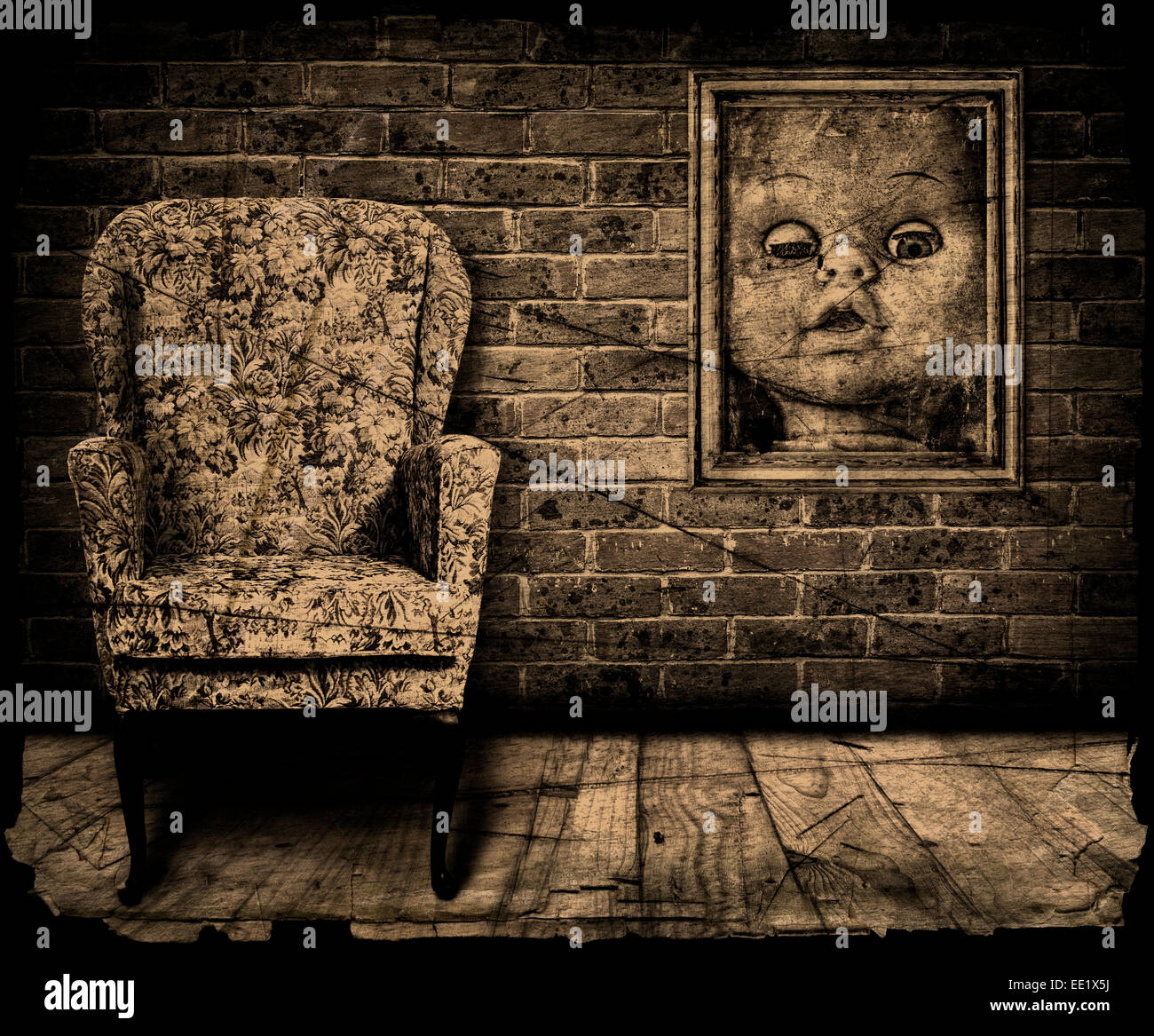 Abstrakt und surreal aus einem gruseligen Zimmer mit alten Retro-Stuhl und alte Puppen Foto. Stockfoto